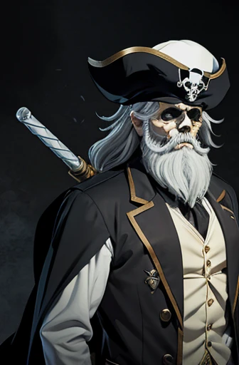 1 character　big scar on face　captain&#39;s suit　pirate hat on head　face resembling a skeleton　saber in right hand　gray hair　white beard　The background is darkness