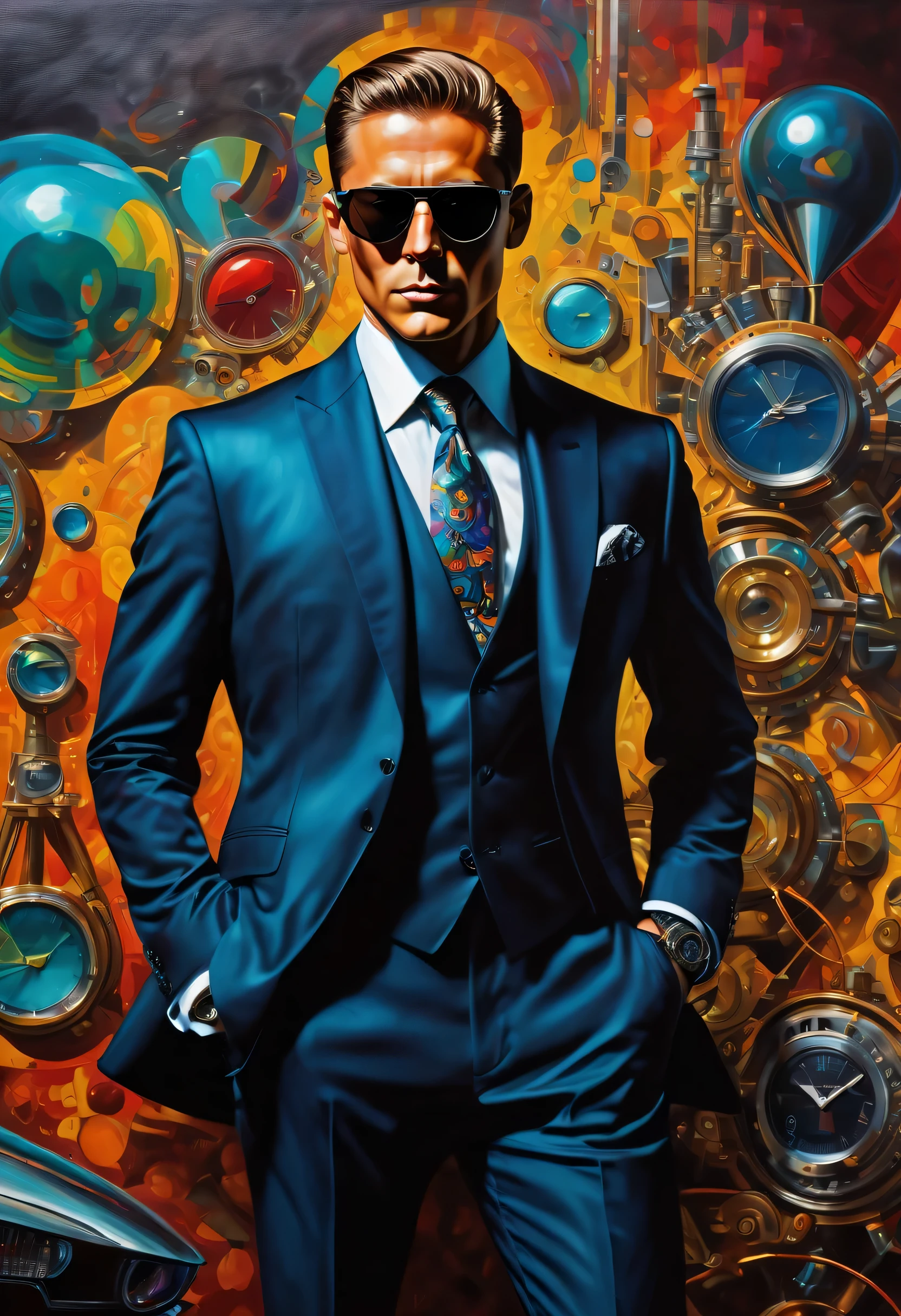 sophisticated and mysterious secret agent, tailored suit, sunglasses, Grab a special martini, High-tech equipment and fearlessness, watch carefully, Vibrant and immersive oil painting imagination, Intricate details and attractive colors, high quality, 最high quality, dark tone contrast, absurd solution,