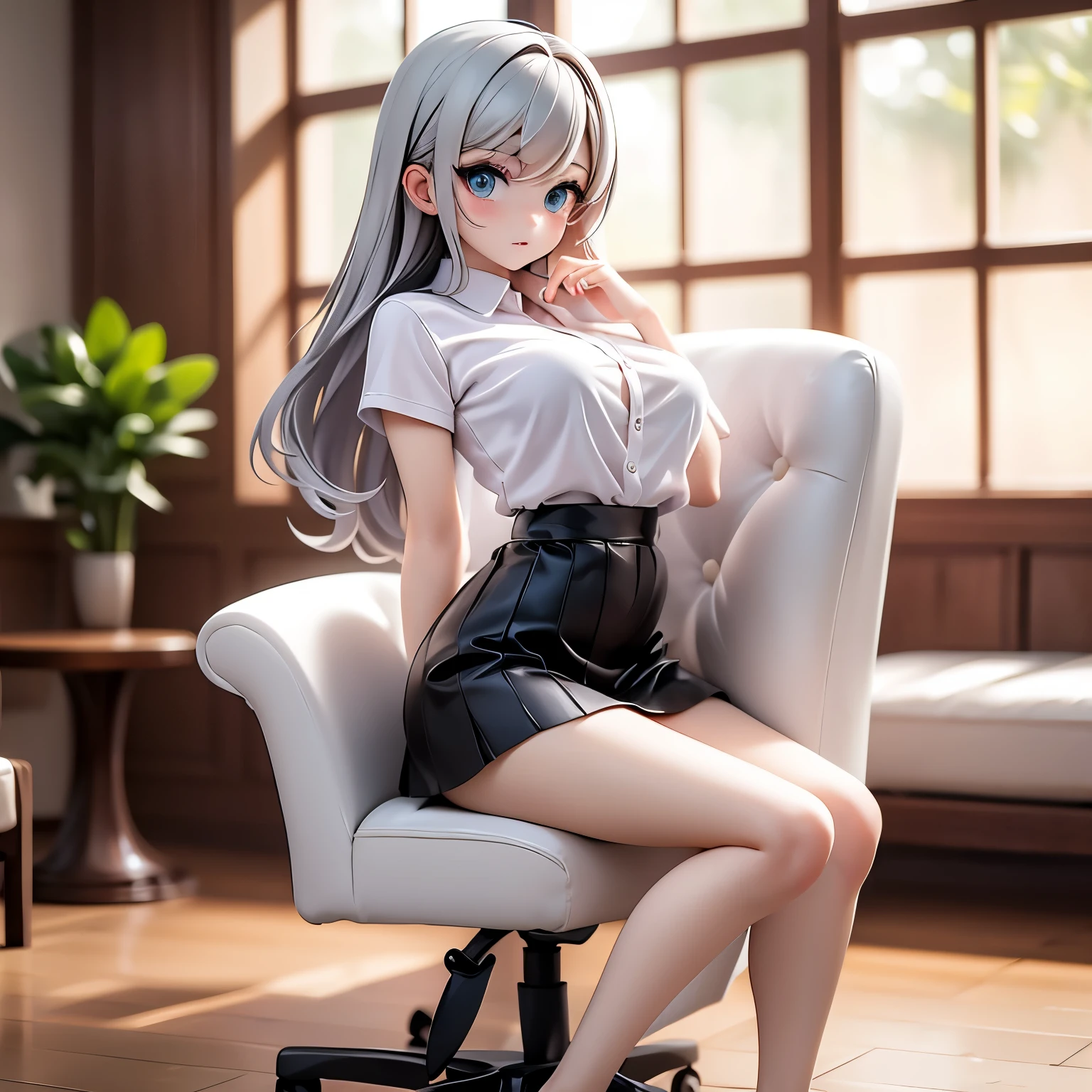 Sitting on a chair wearing a black dress, Korean fashion model, Transparent gray skirt, mesh shirt, chrome clothes, shiny silver, luckily i look, big breasts, best quality, masterpiece, ultra high resolution, actual,