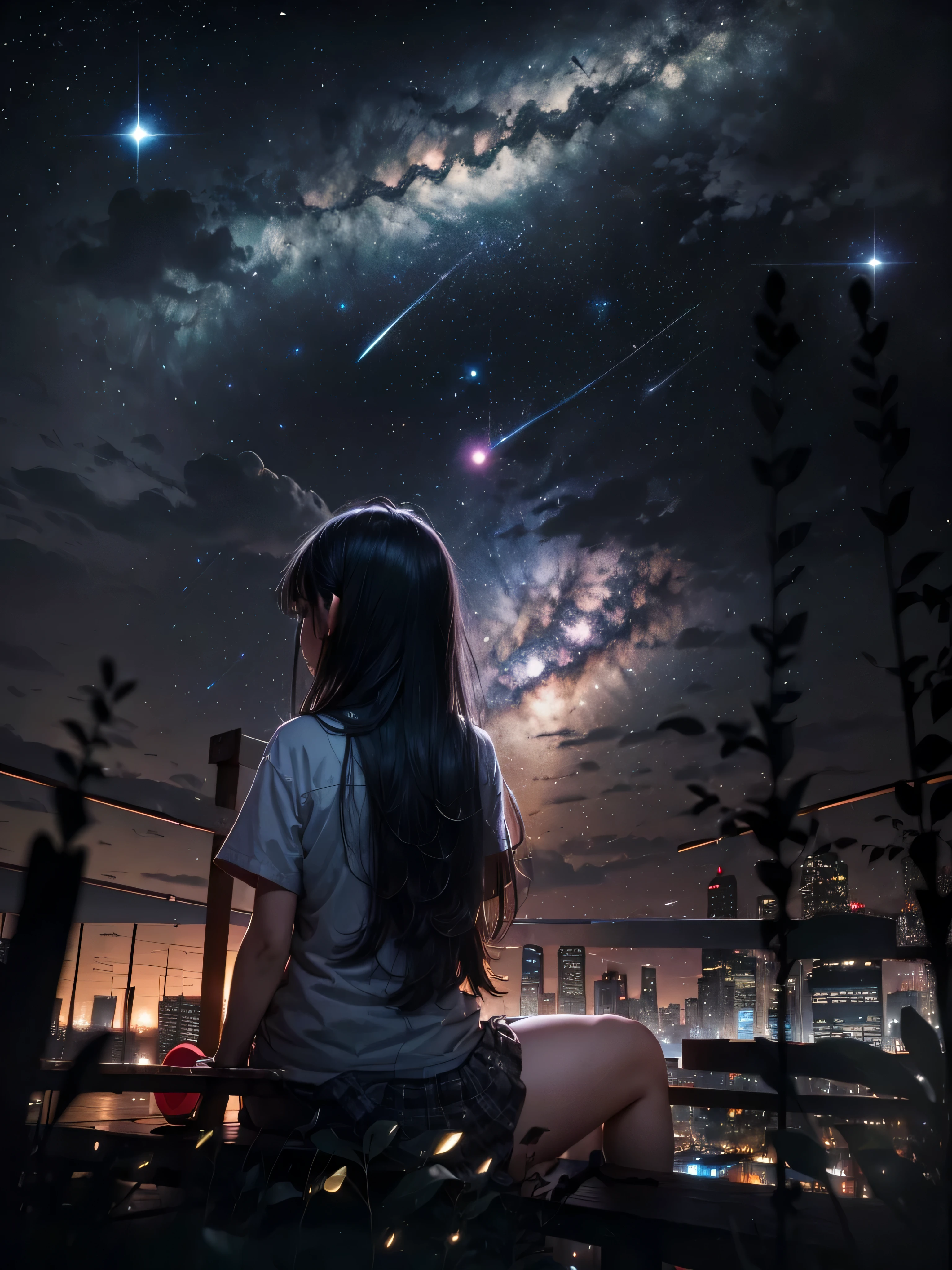 ((RAW image quality:1.4)), null, star (null), scenery, starry null, night, 1 girl, night null, alone, outdoors, building, cloud, milky way, sitting, wood, long hair, city, silhouette, cityscape