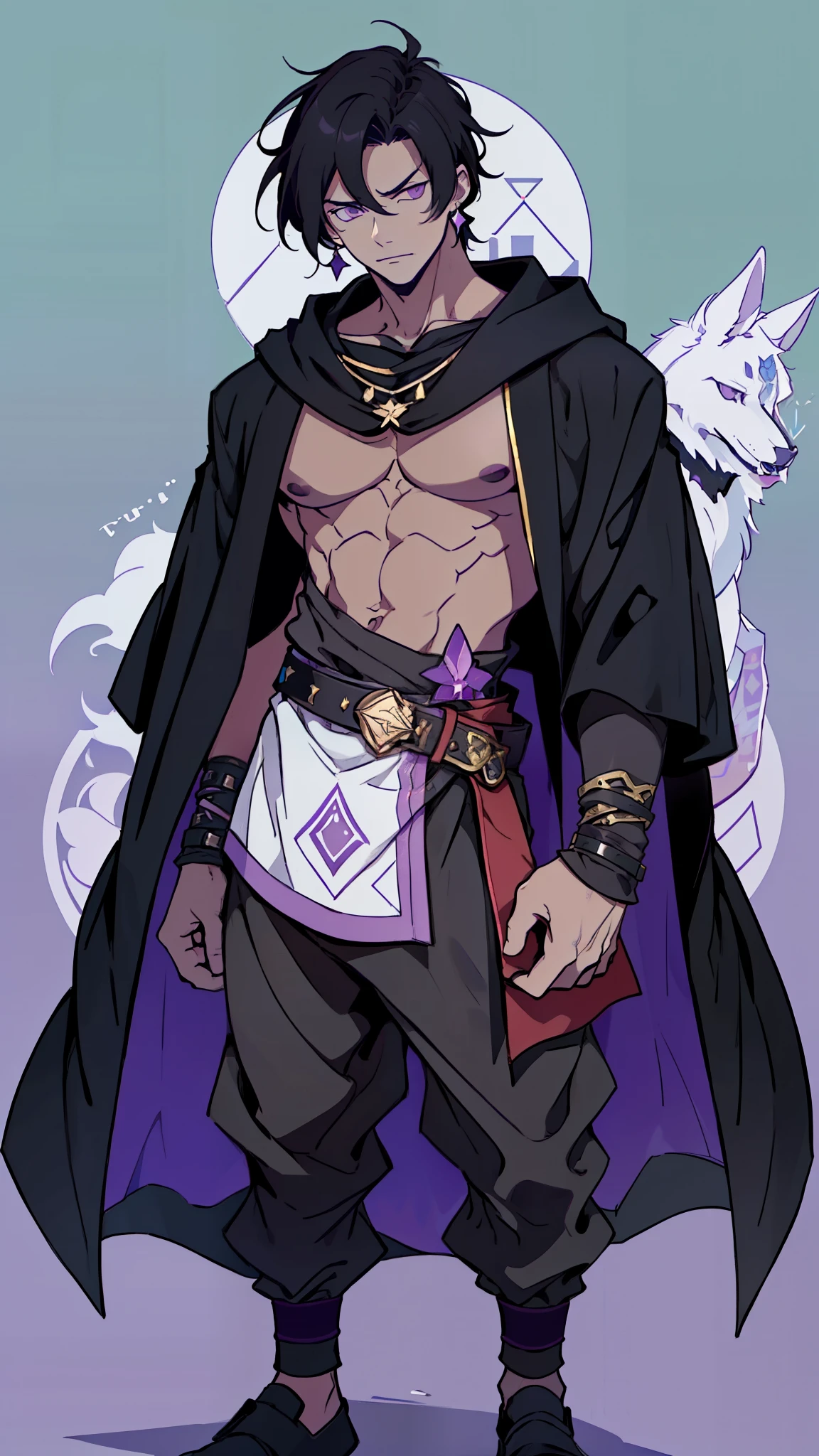 ((masterpiece)),(((best quality))), illustration, 1 man, male, full body, standing, loose fitted clothes, exposed chest, no top, lean but muscular, tanned skin, black baggy Arabian trousers, messy hair, black hair, purple eyes, purple jewel earrings, serious, black cloak and hood, loose belt, dagger, Arabian fantasy clothing (simple background)