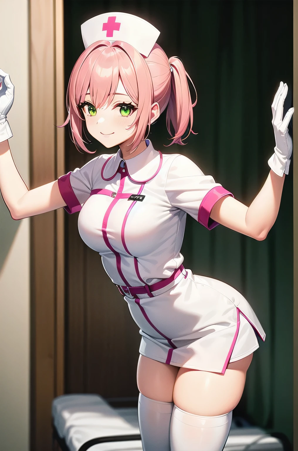 1 girl, alone, nurse, nurse cap, white clothes, ((white legwear, zettai ryouiki)), white gloves, pink hair, green eyes, droopy eyes, smile, Are standing, ((hospital room)), sharp outline, short sleeve, highest quality, masterpiece