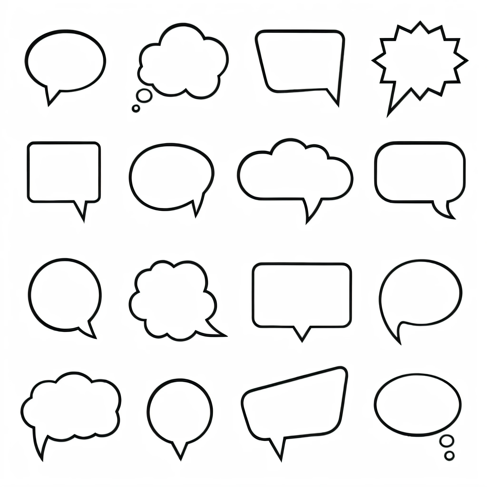 a set of speech bubbles and speech bubbles on a white background, speech bubbles, comic book thick outline, clean black outlines, no speech bubbles, callouts, simple cartoon style, black outlines, clipart, outlines, messages, svg comic style, simple illustration, simple cartoon, minimal outlines, comic book black lines, without text, simple line art, illustration black outlining