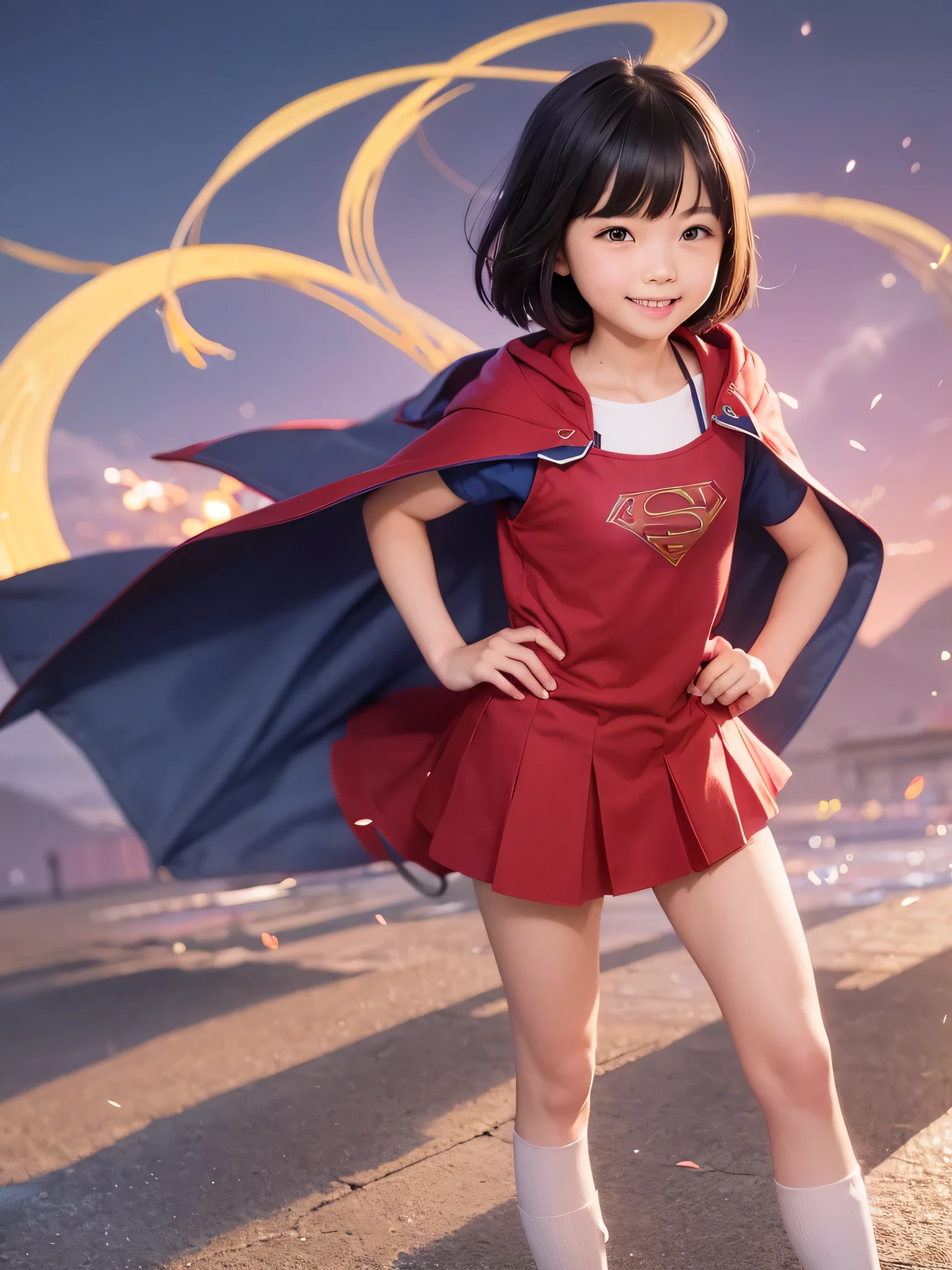 Easter piece where elementary school students wear Supergirl clothes、highest quality、Spreading black hair、bob cut with trimmed ends、(flat chest)、con、red cloak、short sleeve、pink heart shaped particles、Rooftop background with pool、whole body、smile、stand with hands on hips