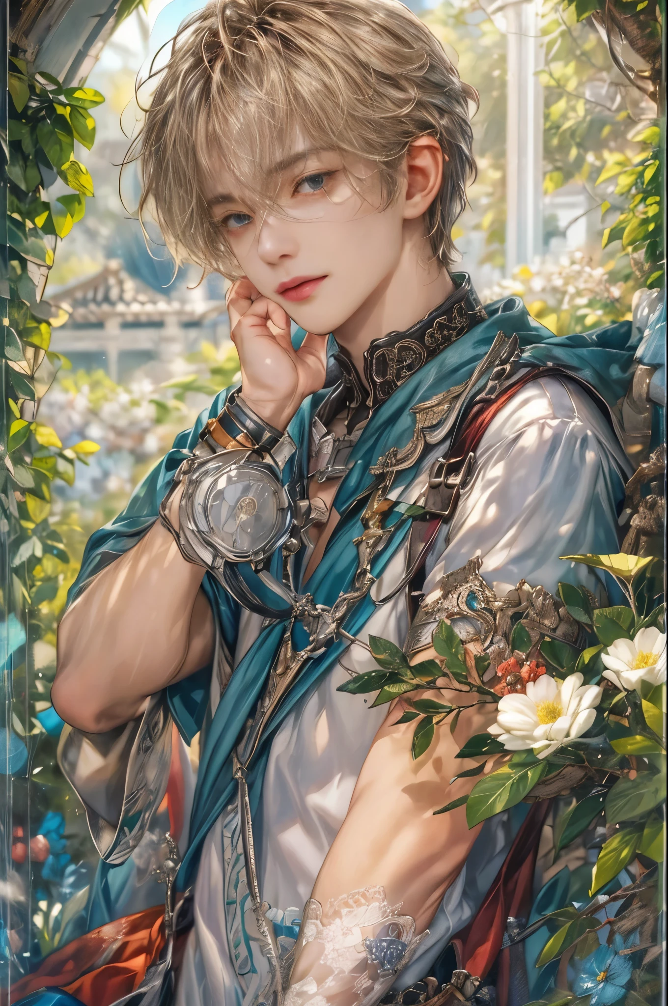 (absurdres, highres, ultra detailed, HDR), masterpiece, Intricate details,best quality picture of a character from Star Ocean, handsome teen boy with short Hair anime eyes, intricate details on face, in a detailed outside garden sanctuary scenery, detailed character, art kenouji