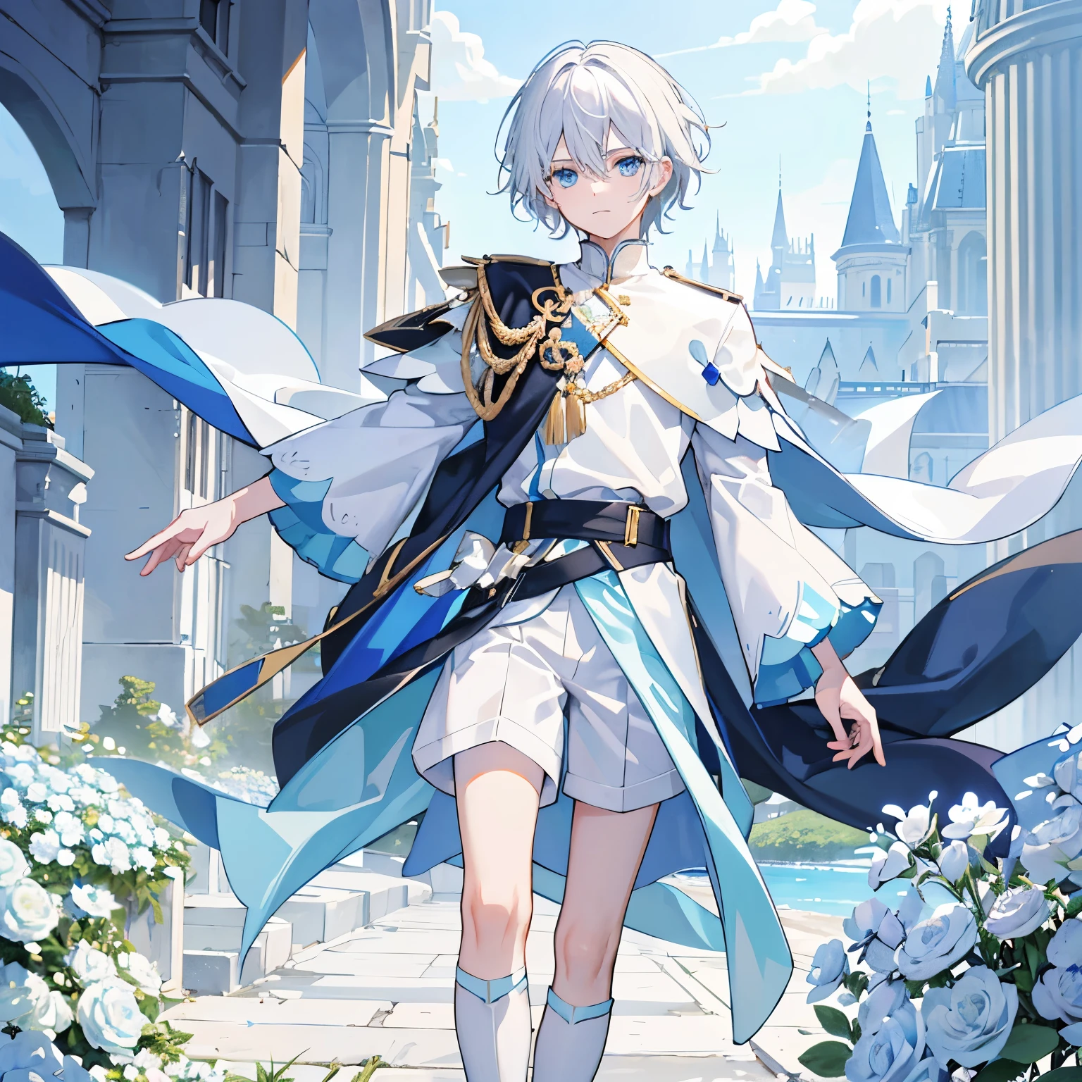 master piece，best quality，one boy、young、solo，white hair、medium hair、light blue eyes、ice，Blue short pants，Prince，noble appearance，indifference，There was a hint of sadness in his eyes，luxurious、Based on castle and light blue、many white flowers on the ground