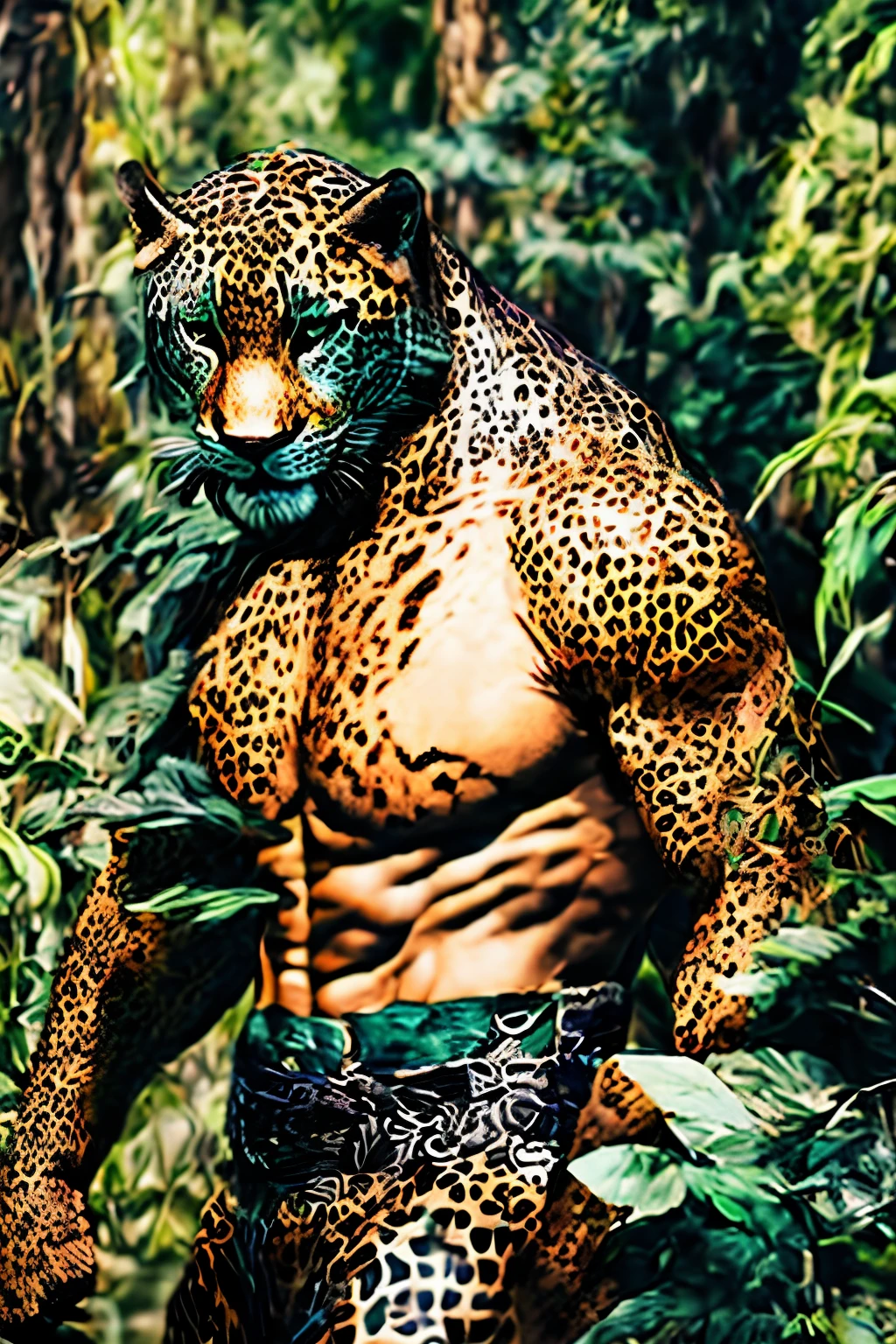 In the heart of a dense and mysterious dark forest, a captivating fusion of man and jaguar, named Jaguarman, roamed with an aura of enigmatic power. Dressed in a camouflaged military green uniform, he exuded an air of readiness, holding a sleek, elite sniper rifle in his firm grip. The full moon illuminated the surrounding environment with its lustrous glow, casting long, dramatic shadows. Jaguarman's eyes, a mesmerizing mix of human intellect and the wild instincts of his jaguar alter ego, were sharp and alert. The high-quality, 8k image, rendered in realistic style, revealed every intricate detail of Jaguar
