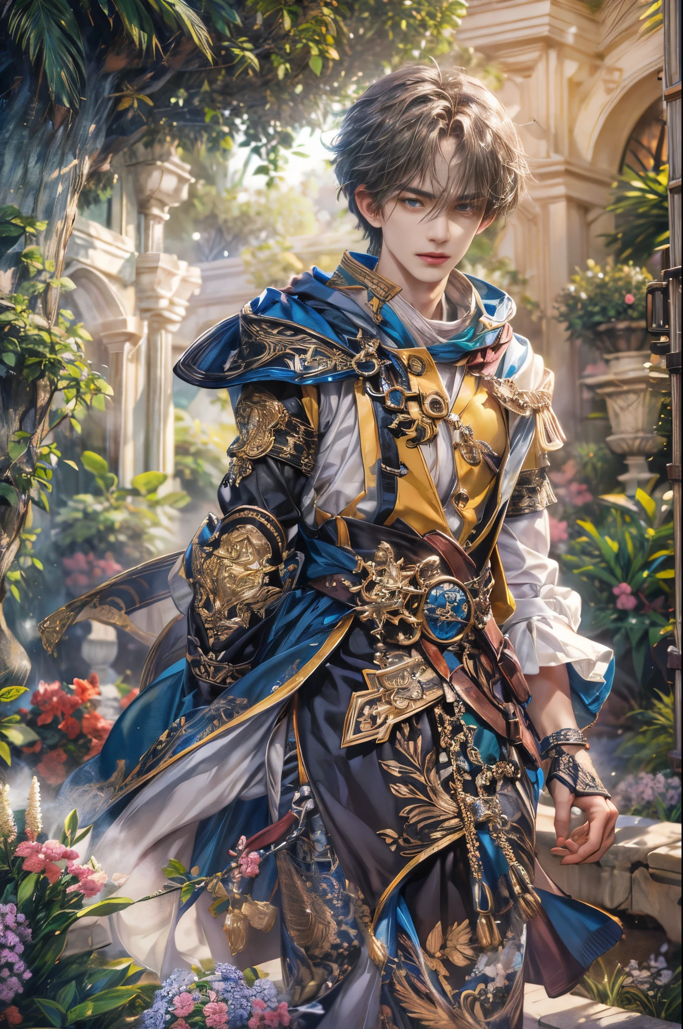 (absurdres, highres, ultra detailed, HDR), masterpiece, Intricate details,best quality picture of a character from Star Ocean, handsome  boy with short Hair anime eyes, intricate details on face, in a detailed outside garden sanctuary scenery, detailed character, art kenouji