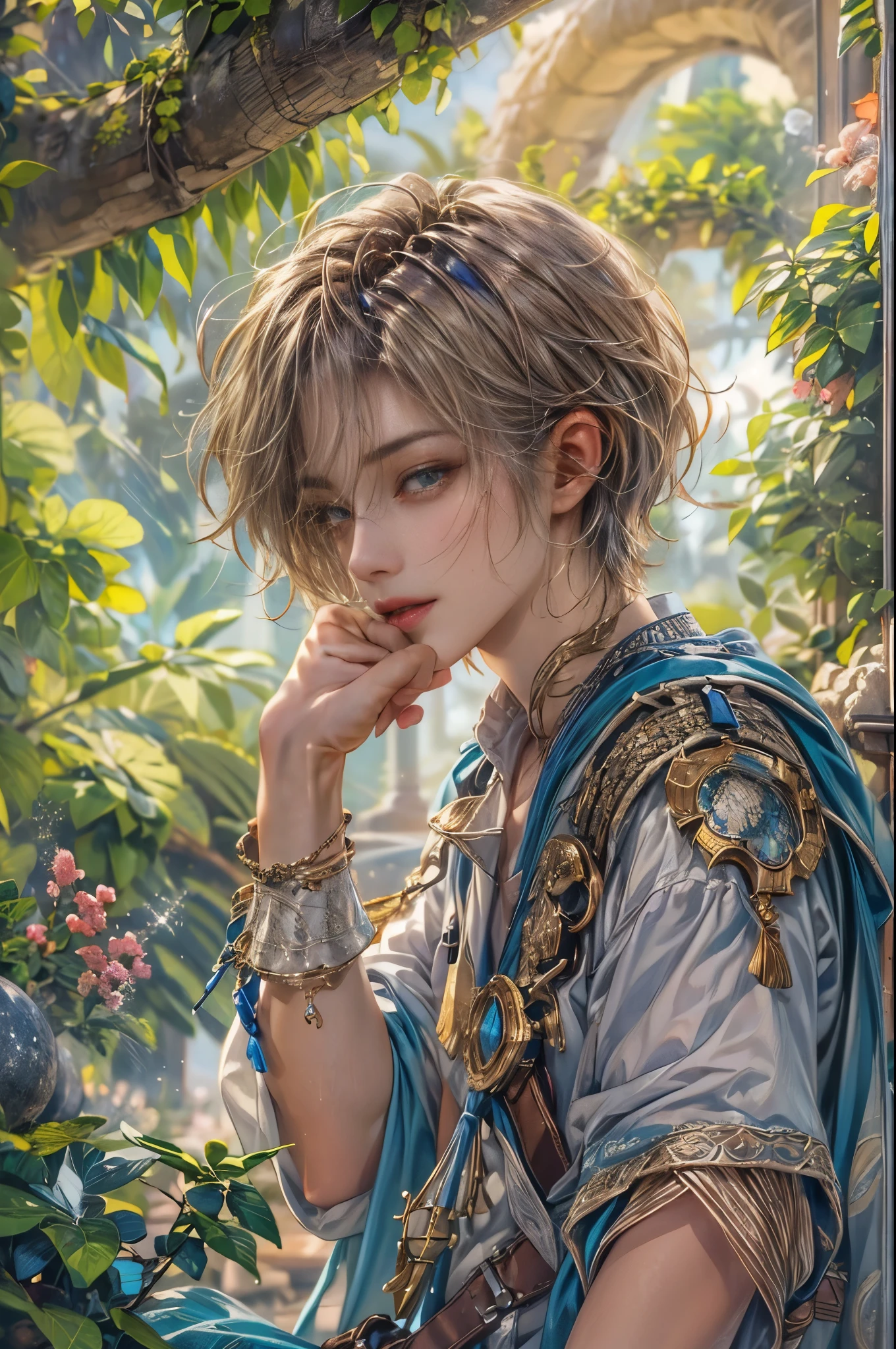 (absurdres, highres, ultra detailed, HDR), masterpiece, Intricate details,best quality picture of a character from Star Ocean, handsome boy with short Hair anime eyes, intricate details on face, in a detailed outside garden sanctuary scenery, detailed character, art kenouji