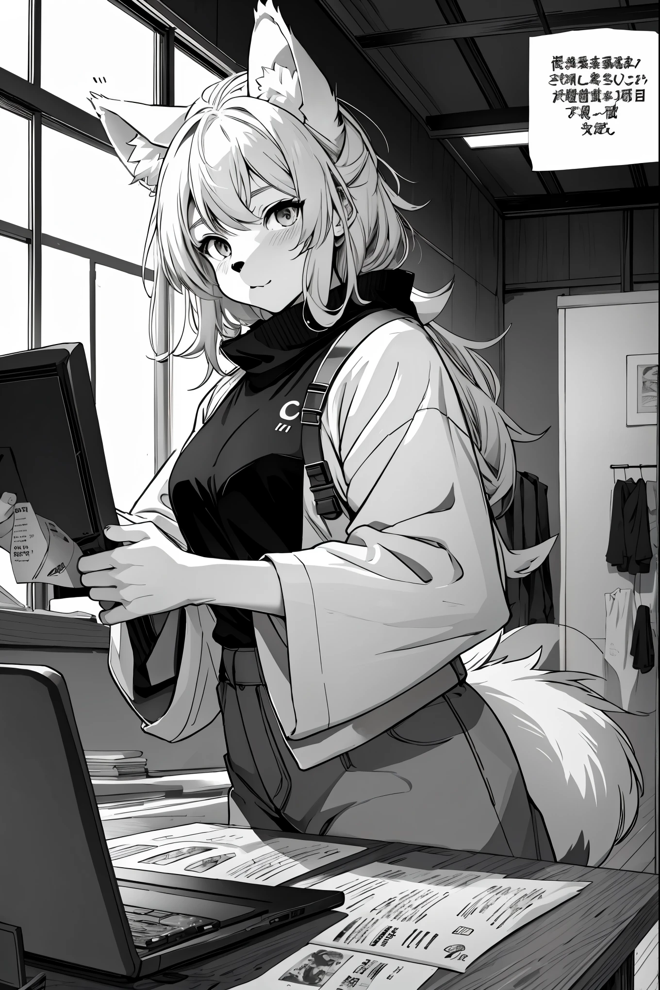 top quality, best quality, highres, unparalleled masterpiece, perfect artwork, paid reward available, indoor, couple of comics(super cute 1girl, 1wolf, kemono, furry anthro)tumblr, sosaku hanga, black and white manga page, manga page, doujin, ddlc, anime, comedy comic, black and white manga panel, zerochan,