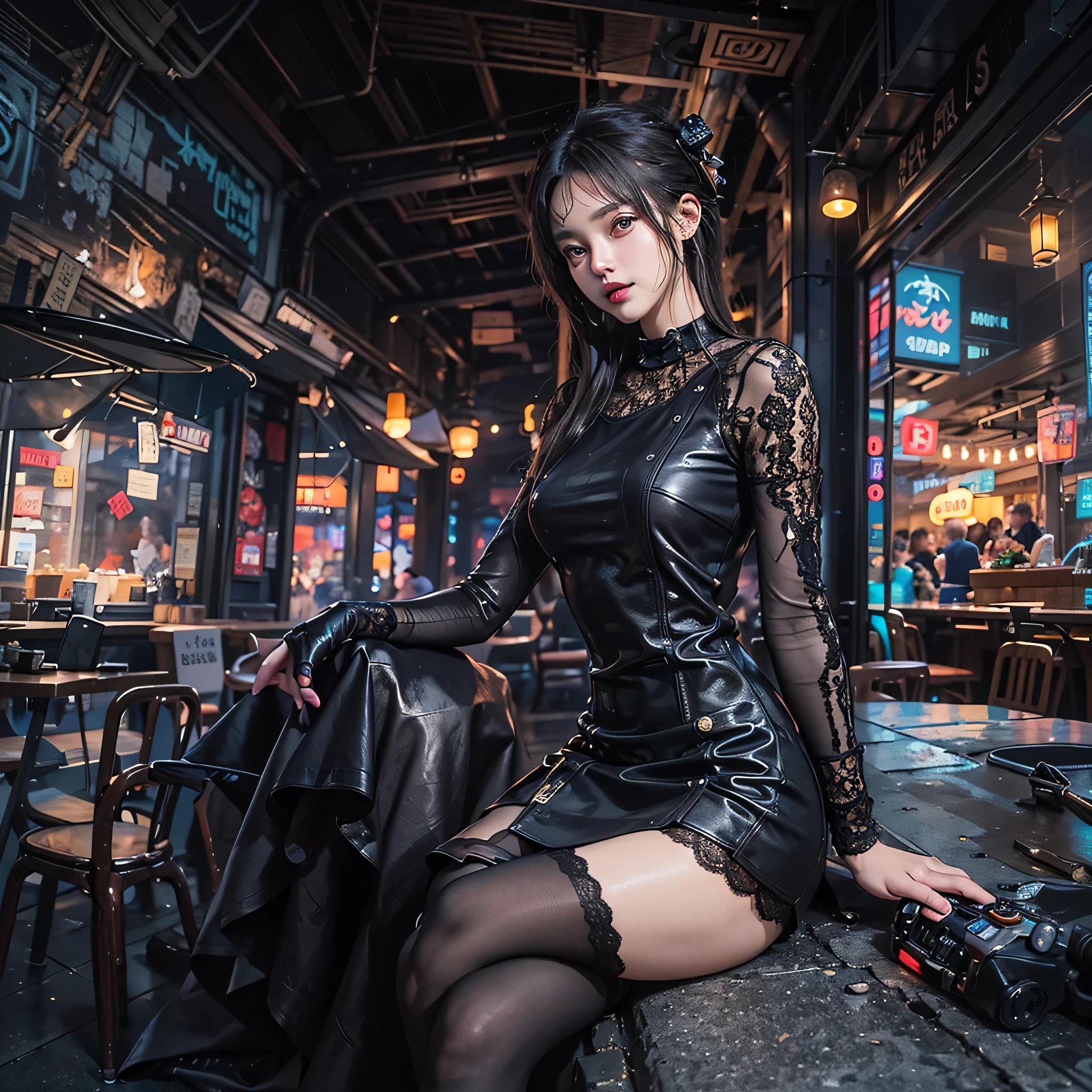 8k, RAW photo, highest quality, masterpiece, realistic, photorealistic, clear, professional lighting, beautiful face, highest quality, ultra high resolution.
break (whole body.:1.5), ,(18 years old very beautiful Japanese girl:1.3)
NSFW,
thin, very flat chest, very small breasts
(The supermodel poses in various poses with a confident smile in a photoshoot, :1.4)
(A very stylish cafe terrace at night, magically lit up, :1.3)
((Futuristic stylish cyberpunk leather dress):1.3)
break latex, shiny, liquid, rubber, break(turtleneck:1.2),(black theme:1.3),(lace and leather turtleneck,:1.3)(Black Maximum A-Line Leather Skirt:1.4),
(lace and leather patchwork:1.5),
(Separate leather dress with intricate triangular silhouette and lace decoration:1.5),
(lace patchwork,:1.4),hand,DetailXL,2b-Eimi,virgin destroyer sweater,beautiful portrait,wonder of beauty,cat lingerie,future camisole, side boob,jclnyz,xxmixgirl,underboob,bodycon,masterpiece