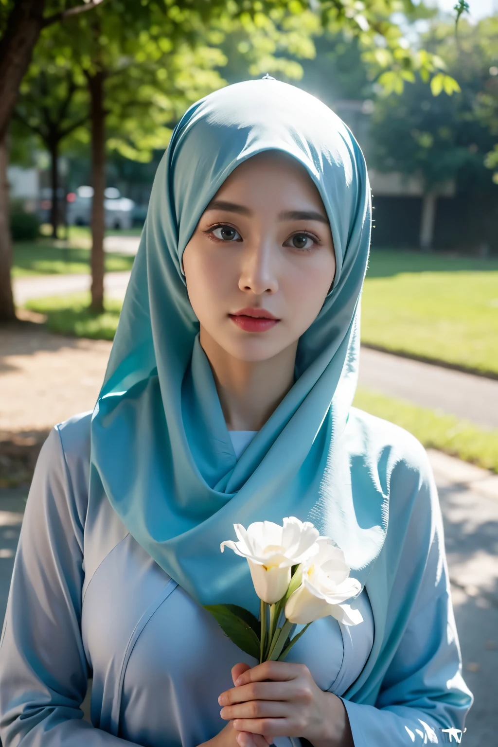 1 malay girl , modern plain hijab,  shy, medium portrait shot , watery  eyes ,lip watery, lip glossy, open mounth, ((big breast)), a beautiful girl with hijap, in vintage colors aodai , masterpiece, best quality, realistic:1.3, street, holding bundle of flowers, sunlight, backlighting, artstation, intricate details, vignett, prpsonal body,