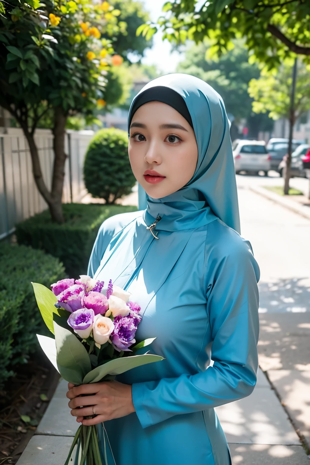 1 malay girl , modern plain hijab,  shy, medium portrait shot , watery  eyes ,lip watery, lip glossy, open mounth, ((big breast)), a beautiful girl with hijap, in vintage colors aodai , masterpiece, best quality, realistic:1.3, street, holding bundle of flowers, sunlight, backlighting, artstation, intricate details, vignett, prpsonal body,