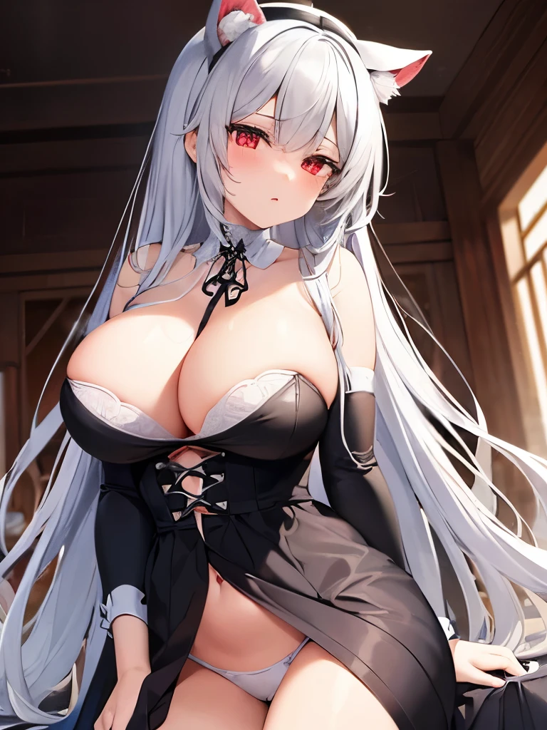 highest quality　High resolution　one young beautiful woman　red eyes　Beautiful gray hair　medium perm　cute soft girl　Cat ear　Seductive naked cow pattern underwear　church　nun cowgirl cosplay　magic monastery robe　breastfeeding service　The huge breasts of a virgin killer with amazing charm　Sexless　breast milk　gasp　incest　Estrus face