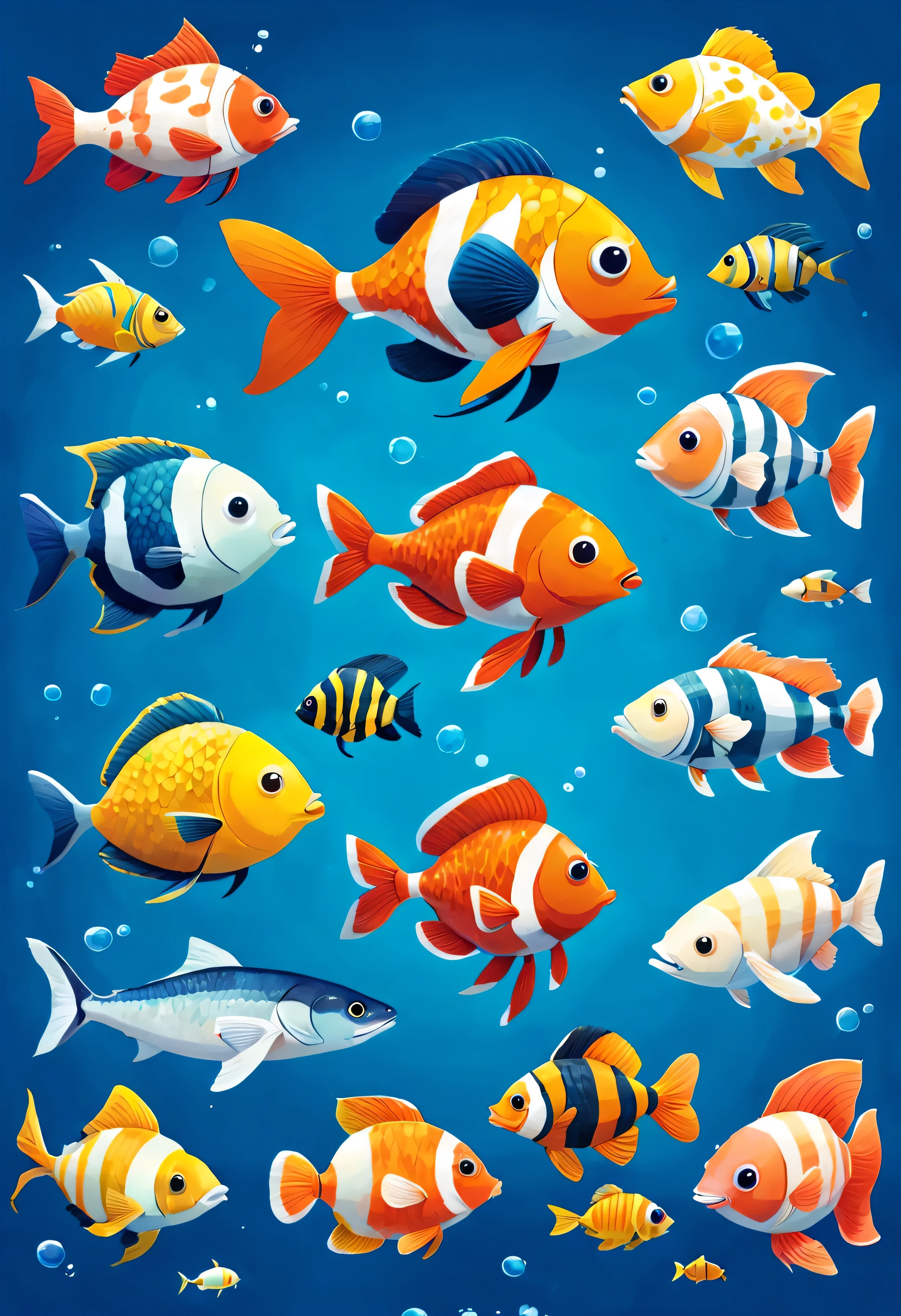 Fish character design for picture books, 8 types, right, simple form, different types of fish, simple design, airplane, tropical fish, sea fish, freshwater fish