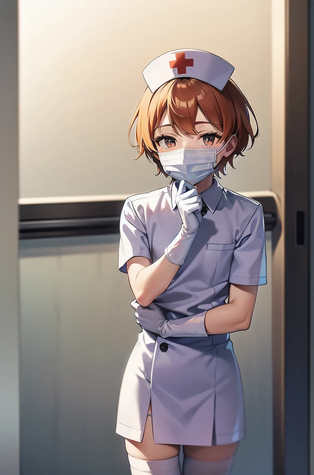 1 boy, alone, male focus, nurse, nurse cap, white clothes, ((white legwear, zettai ryouiki)), white gloves, short hair, orange hair, ((white surgical mask, covered nose)), Are standing, ((hospital room)), sharp outline, short sleeve, Shota, 12 years old, highest quality, masterpiece