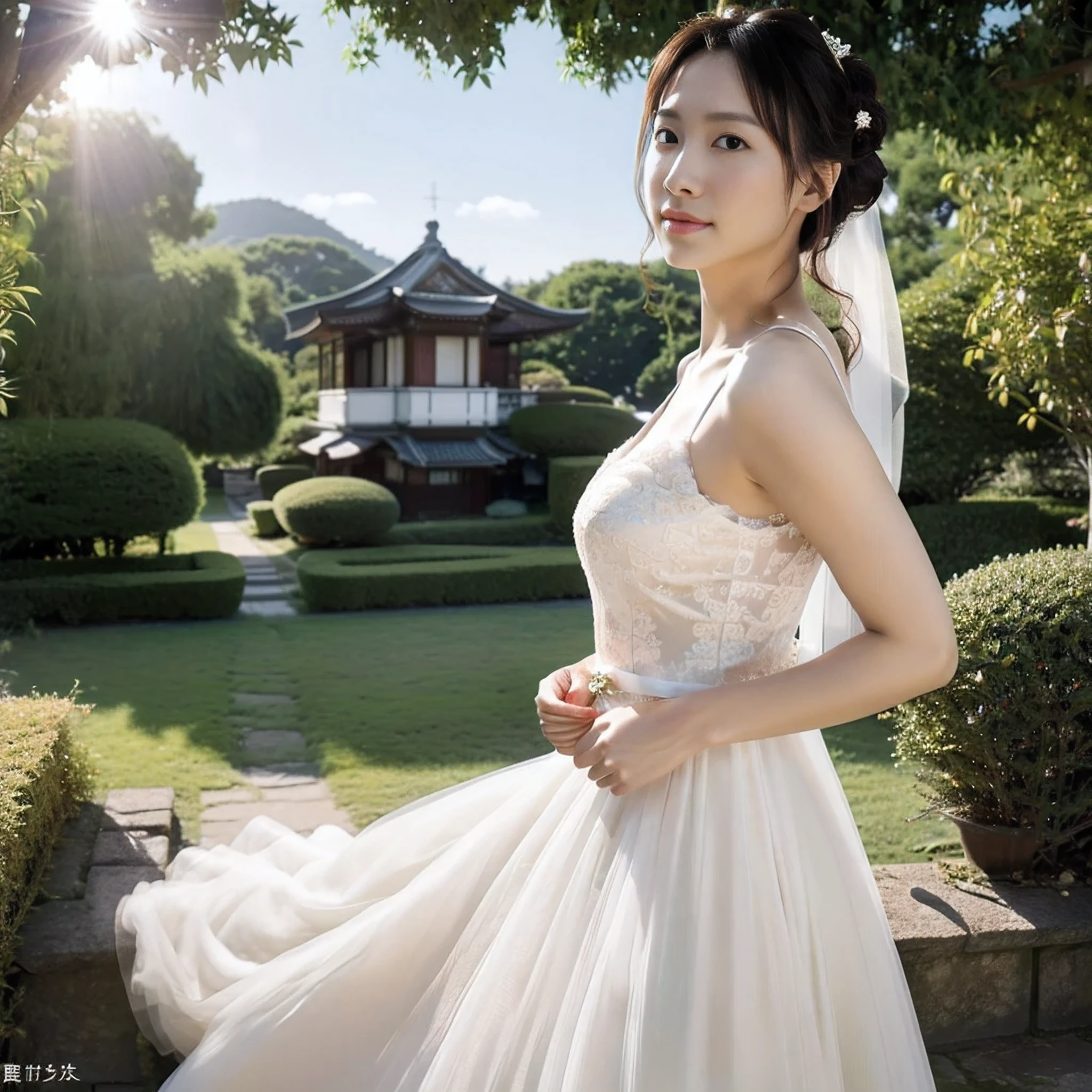 (realistic、Like a photograph、live action、8k, Photoreal, RAW photo, best image quality: 1.4), Single-lens reflex camera、RAW photo, highest quality, realistic, Highly detailed CG Unity 8k wallpaper, Depth of written boundary, cinematic light, Lens flare, ray tracing, realistic background、(Wedding dress:1.5、cleavage:1.37、big breasts、lift:1.2)、((super dense skin))、 1 female,cute japanese woman、japan bride、((completion:1.5)、looking at the viewer:1.1、embarrassed look、random hairstyle:1.2、i like the style、Snazzy、Super detailed、pay attention to details、long hair、hair arrangement、hair is up、perfect bridal dress、(white skin)、beautiful feet:1.1、standing in the garden、great atmosphere、View from the front、beautiful background、Detailed background depiction、detailed portrait