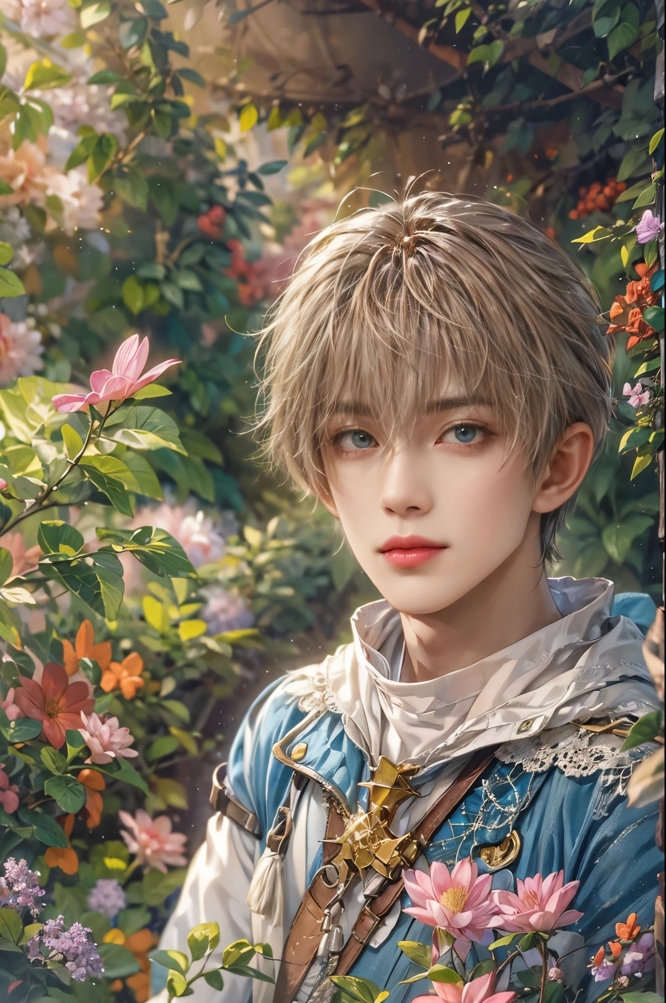 (absurdres, highres, ultra detailed, HDR), masterpiece, Intricate details,best quality picture of a character from Star Ocean, handsome boy with short Hair anime eyes, intricate details on face, in a detailed outside garden sanctuary scenery, detailed character, art kenouji
