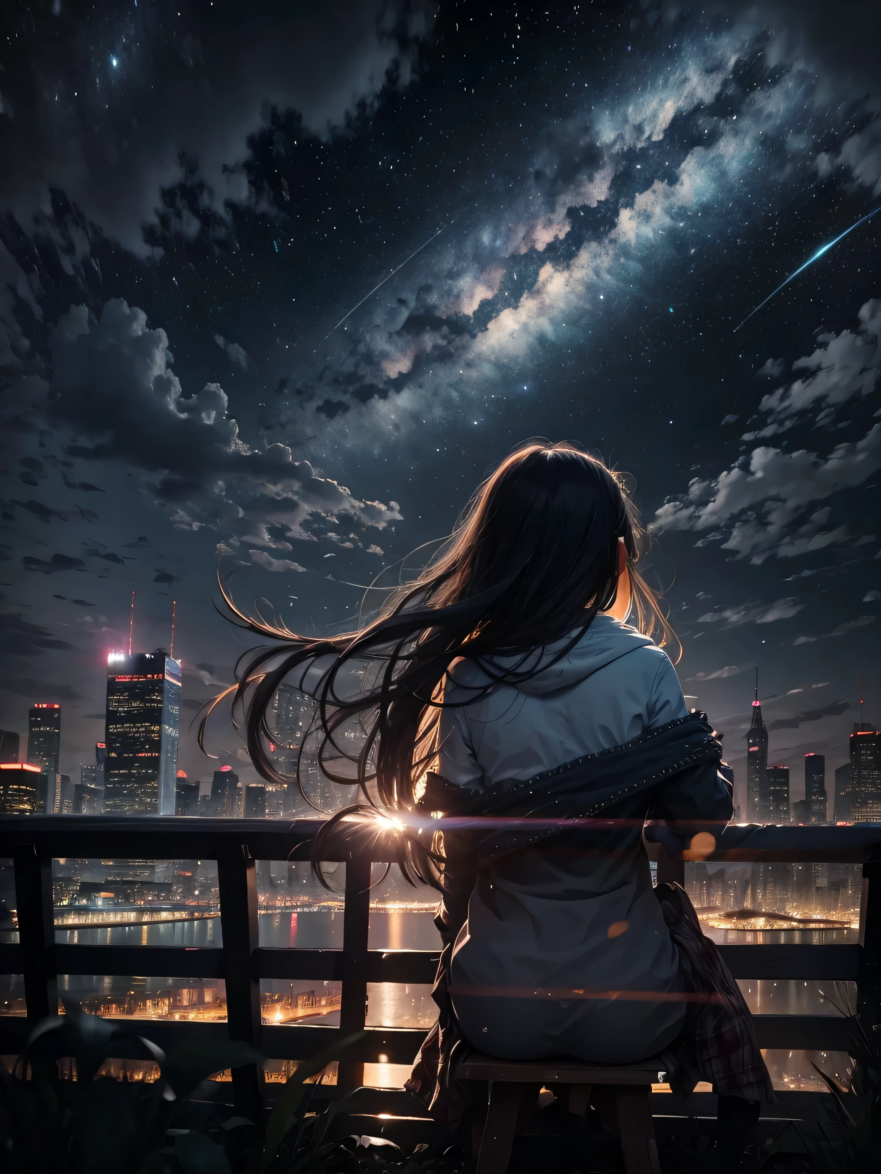 ((RAW image quality:1.4)), null, star (null), scenery, starry null, night, 1 girl, night null, alone, outdoors, building, cloud, milky way, sitting, wood, long hair, city, silhouette, cityscape