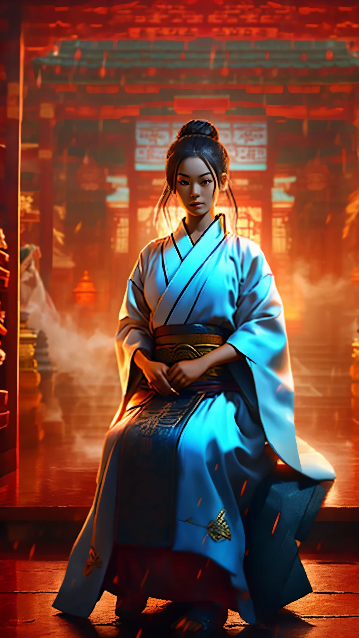 ((highest quality)), ((masterpiece)), (be familiar with), perfect face, Highest image quality、temple、real、beautiful、Severe、Has detailed modeling、white thick kimono、woman、sitting straight、Onmyoji、face is hidden by cloth、ninja、In the background are rooms and shrines decorated in dark tones、sunny rain、prayer、sacred、fog、rain、Highest image quality、curse、mysterious ritual、homage、The white person is putting his hands together、Wearing a purple kimono、complicated pattern、snake symbol、snake myth、China、Black History、