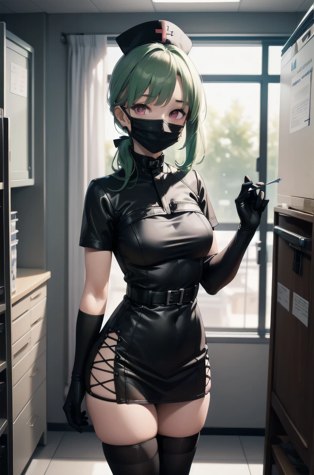 black nurse, 1 girl, alone, black nurse cap, Blackware, ((black legwear, zettai ryouiki)), black elbow gloves, ponytail, green hair, pink eyes, ((black surgical mask, covered nose)), Are standing, ((operating room)), sharp outline, short sleeve, highest quality, masterpiece