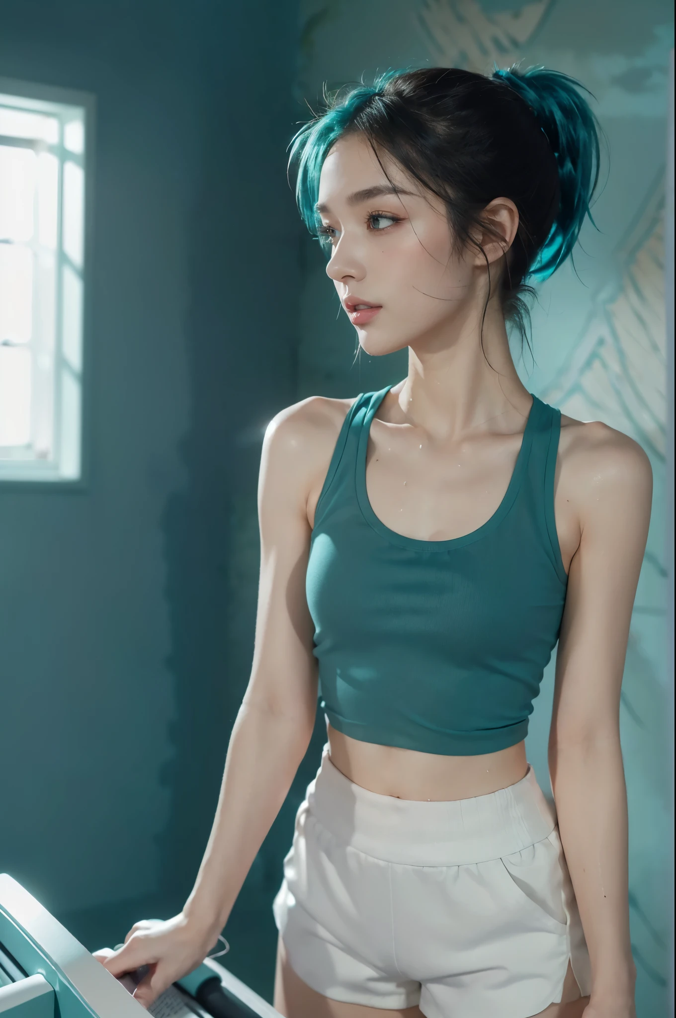 (shoulder-length straight black short hair: 1.2),Upper body, （Extremely meticulous CG 8k wallpaper），（Extremely refined and beautiful），（Masterpiece），（best qualtiy:1.0），（Ultra High Resolution:1.0），beautiful light up，Perfect lightning，realistic shaded，[A high resolution]，Smooth and flawless fair skin，Extremely exquisite facial details，ultra - detailed，A  girl，small head，Smile，cheerfulness,Summer，afternoon，Close Shot，at home，In living room,pink background，(Sitting on a chair next to a mahjong table:1.3),（A very detailed mahjong table:1.3）,Playing Mahjong,(enjoying a comfortable and intoxicated expression,small face,(perfect body:1.1）,small breasts，flat chest,slim,thin,Charming collarbone，flowers,sideways,(cyan tank top:1.5),(cyan skirt:1.4),suspendering stockings