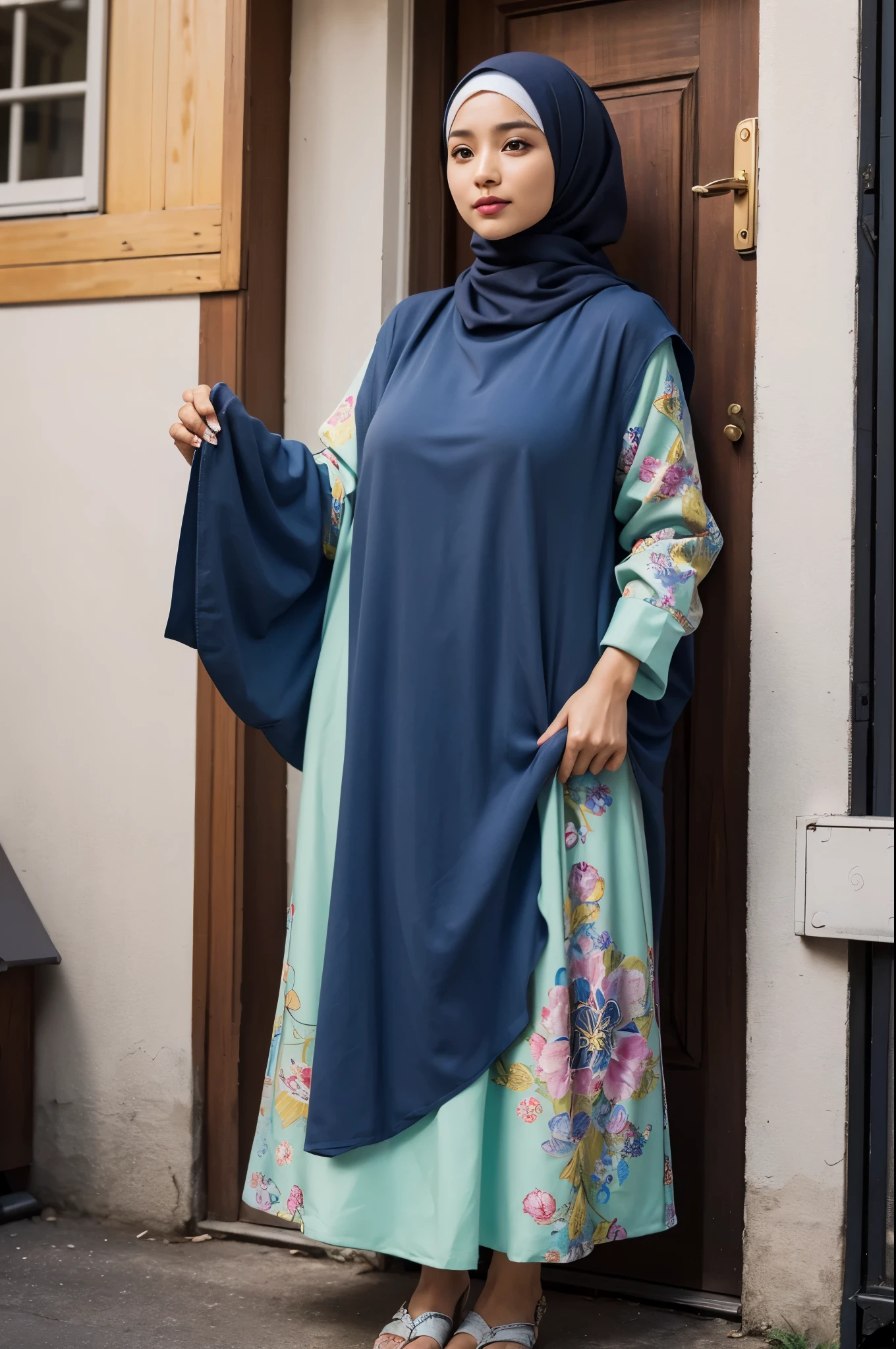 (best quality,4k,8k,highres,masterpiece:1.2),ultra-detailed,(realistic,photorealistic,photo-realistic:1.37),A Malaysian woman, age 40, with a cute face and a hijab, dressed as a slutty priest. She has beautiful detailed eyes and a charming smile. Her eyes are captivating with long eyelashes. Her lips are perfectly defined and attractively colored. Her hijab is intricately designed with vibrant patterns and colors. The woman is going door to door, holding a donation box in her hands. She is confident and friendly, inviting people to contribute for a cause. It's a sunny day, and she is walking along a pleasant suburban street with neatly arranged houses and well-maintained gardens. The woman stands out with her modern and slightly provocative attire, which highlights her unshaved vagina, while still maintaining a respectful and tasteful appearance. Her unique outfit sparks curiosity and conversations among the people she encounters. As she approaches each doorstep, you can see people's reactions, varying from surprise to interest. Some are amazed by her bold personality and willingness to break societal norms. They appreciate her dedication and courage to stand up for her beliefs. Others are reserved but still fascinated by her presence. The lighting is warm and soft, casting a gentle glow on the woman's face and the surroundings. It adds a touch of intimacy and warmth to the scene. The colors are vibrant and harmonious, creating an inviting atmosphere. This prompt paints a vivid picture with attention to detail, highlighting the woman's appearance, her unique attire and the interactions she has as she goes door to door. It captures the essence of her individuality, strength, and dedication in her endeavor.