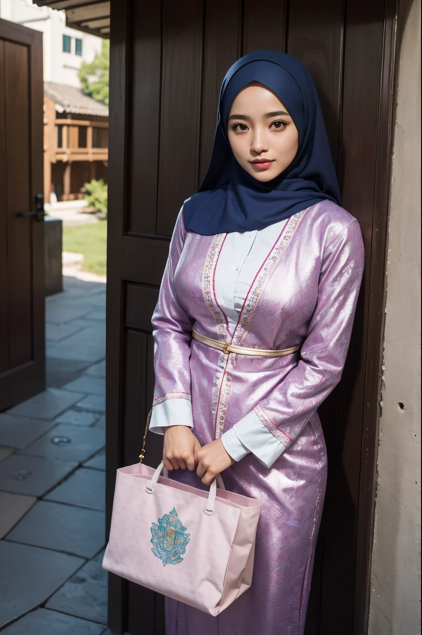 (best quality,4k,8k,highres,masterpiece:1.2),ultra-detailed,(realistic,photorealistic,photo-realistic:1.37),A Malaysian woman, age 40, with a cute face and a hijab, dressed as a slutty priest. She has beautiful detailed eyes and a charming smile. Her eyes are captivating with long eyelashes. Her lips are perfectly defined and attractively colored. Her hijab is intricately designed with vibrant patterns and colors. The woman is going door to door, holding a donation box in her hands. She is confident and friendly, inviting people to contribute for a cause. It's a sunny day, and she is walking along a pleasant suburban street with neatly arranged houses and well-maintained gardens. The woman stands out with her modern and slightly provocative attire, which highlights her unshaved vagina, while still maintaining a respectful and tasteful appearance. Her unique outfit sparks curiosity and conversations among the people she encounters. As she approaches each doorstep, you can see people's reactions, varying from surprise to interest. Some are amazed by her bold personality and willingness to break societal norms. They appreciate her dedication and courage to stand up for her beliefs. Others are reserved but still fascinated by her presence. The lighting is warm and soft, casting a gentle glow on the woman's face and the surroundings. It adds a touch of intimacy and warmth to the scene. The colors are vibrant and harmonious, creating an inviting atmosphere. This prompt paints a vivid picture with attention to detail, highlighting the woman's appearance, her unique attire and the interactions she has as she goes door to door. It captures the essence of her individuality, strength, and dedication in her endeavor.