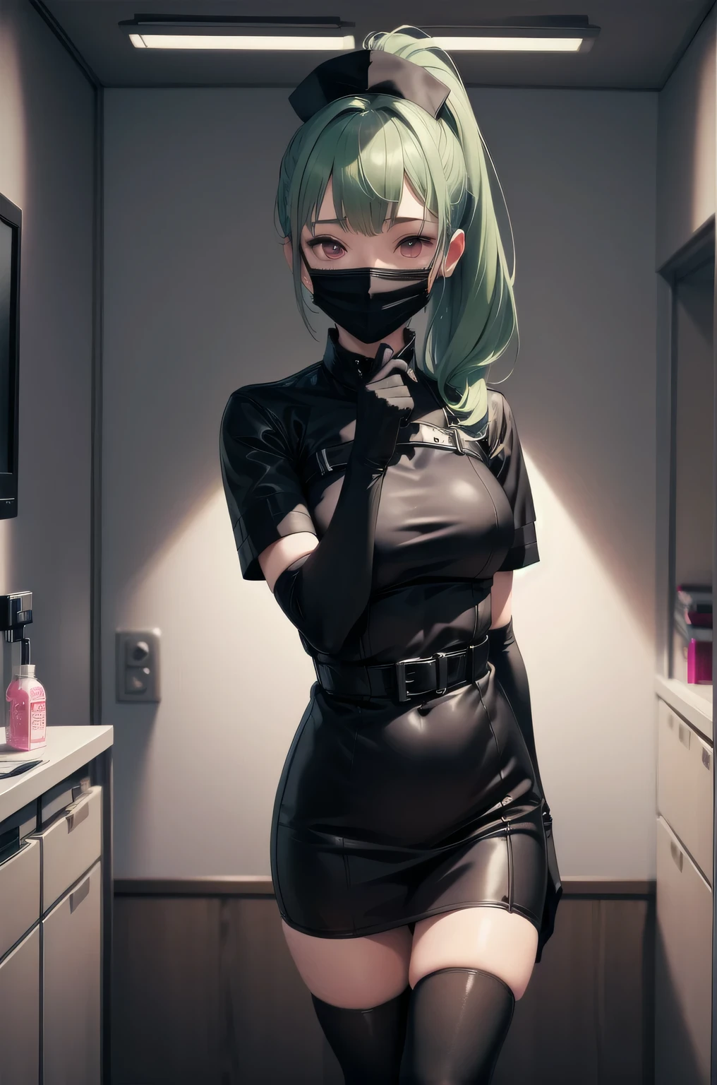 black nurse, 1 girl, alone, black nurse cap, Blackware, ((black legwear, zettai ryouiki)), black elbow gloves, ponytail, green hair, pink eyes, ((black surgical mask, covered nose)), Are standing, ((operating room)), sharp outline, short sleeve, highest quality, masterpiece