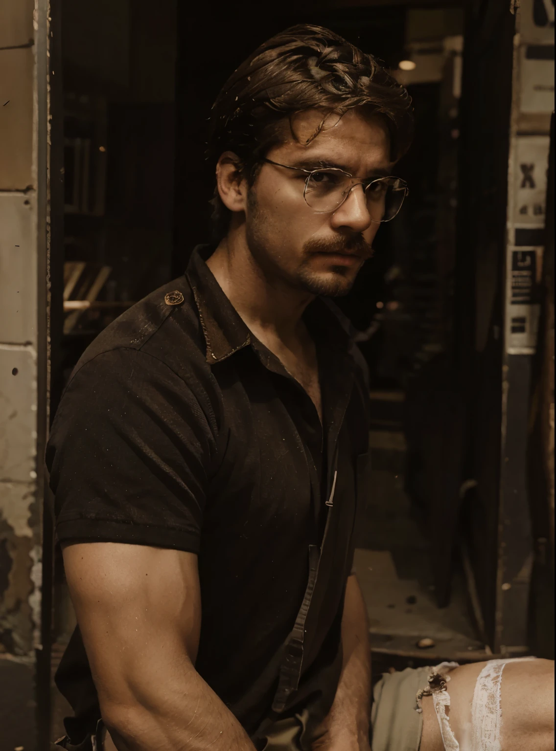 A young man from the 1920s: athletic build, short brown hair, stubble, brown eyes, prominent mustache, square black glasses. His gaze conveys melancholy as he holds a worn sketchbook, seated on the step of a shop in the city. He wears a slightly worn but clean undershirt, typical of the poor class of the time. The image, with faded and slightly yellowed tones reminiscent of an old photo, evokes nostalgia and depth.