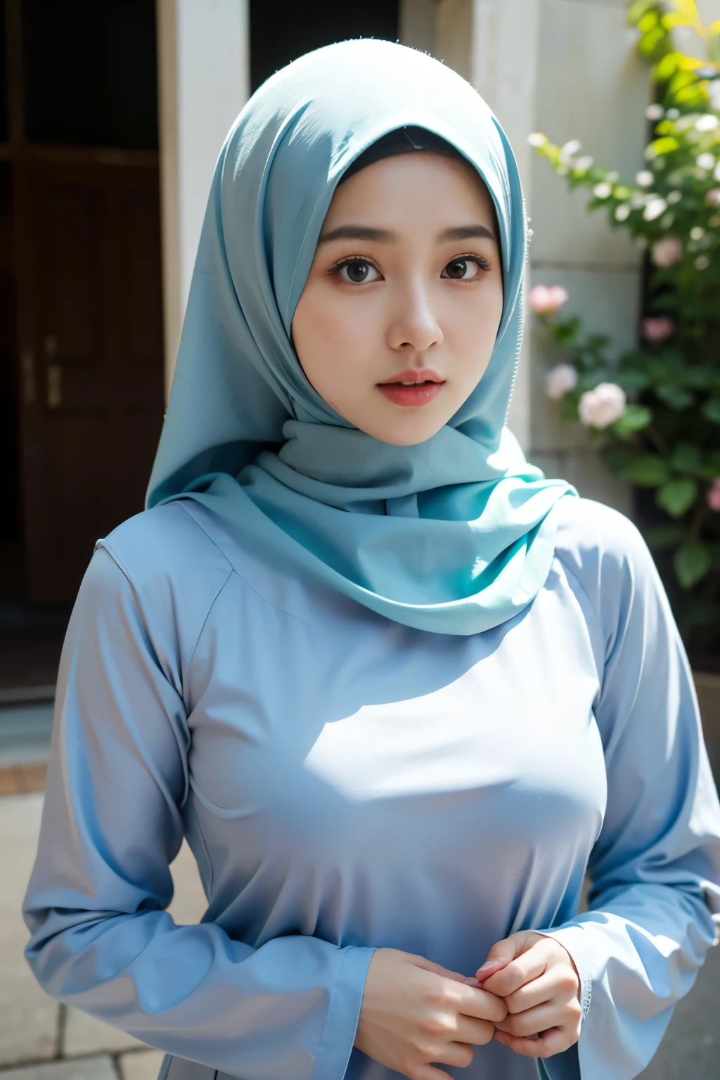 1 malay girl , modern plain hijab,  shy, medium portrait shot , watery  eyes ,lip watery, lip glossy, open mounth, ((big breast)), a beautiful girl with hijab, in vintage colors aodai , masterpiece, best quality, realistic:1.3, street, holding bundle of flowers, sunlight, backlighting, artstation, intricate details, vignett, prpsonal body,