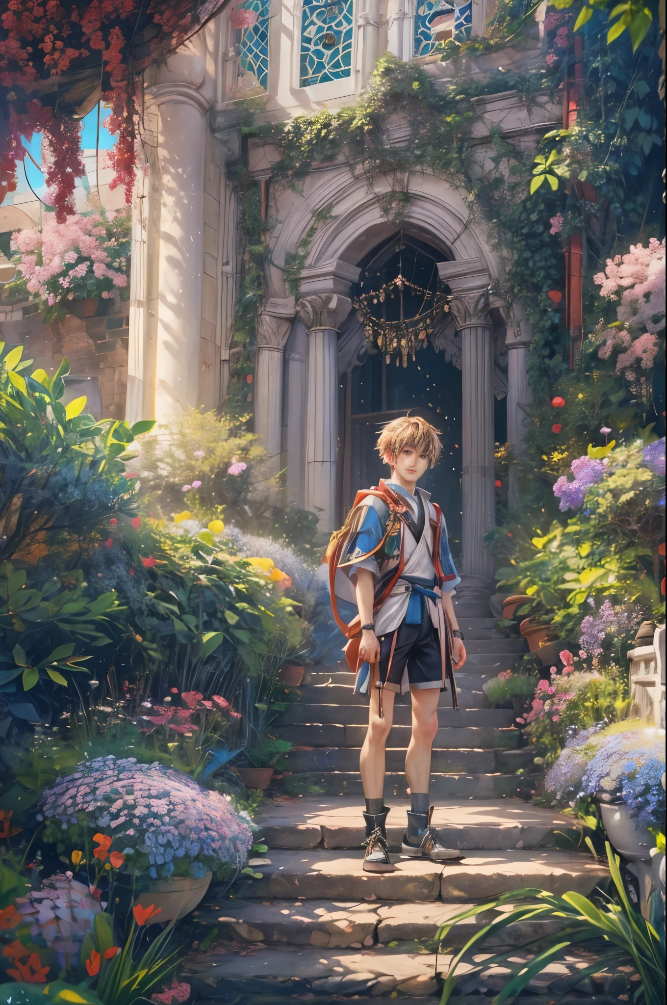 (absurdres, highres, ultra detailed, HDR), masterpiece, Intricate details,best quality picture of a character from Star Ocean, handsome boy with short Hair anime eyes, intricate details on face, in a detailed outside garden sanctuary scenery, detailed character, art kenouji