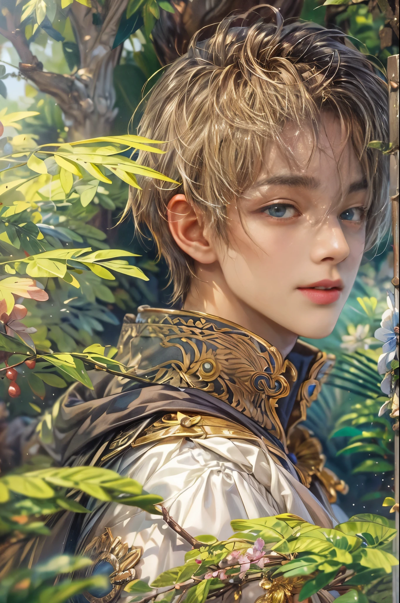 (absurdres, highres, ultra detailed, HDR), masterpiece, Intricate details,best quality picture of a character from Star Ocean, handsome teen boy with short Hair anime eyes, intricate details on face, in a detailed outside garden sanctuary scenery, detailed character, art kenouji