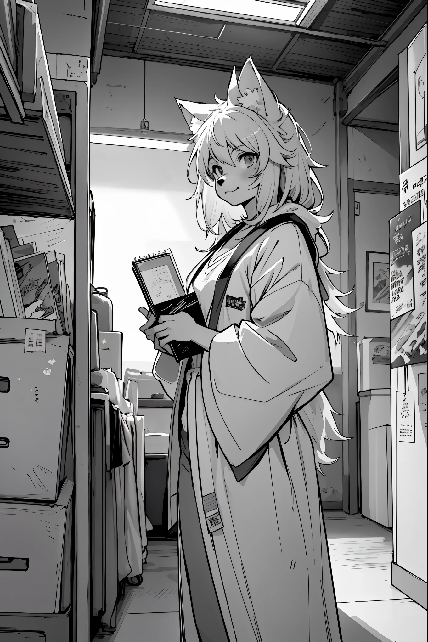 top quality, best quality, highres, unparalleled masterpiece, perfect artwork, paid reward available, indoor, couple of comics(super cute 1girl, 1wolf, kemono, furry anthro)tumblr, sosaku hanga, black and white manga page, manga page, doujin, ddlc, anime, comedy comic, black and white manga panel, zerochan,