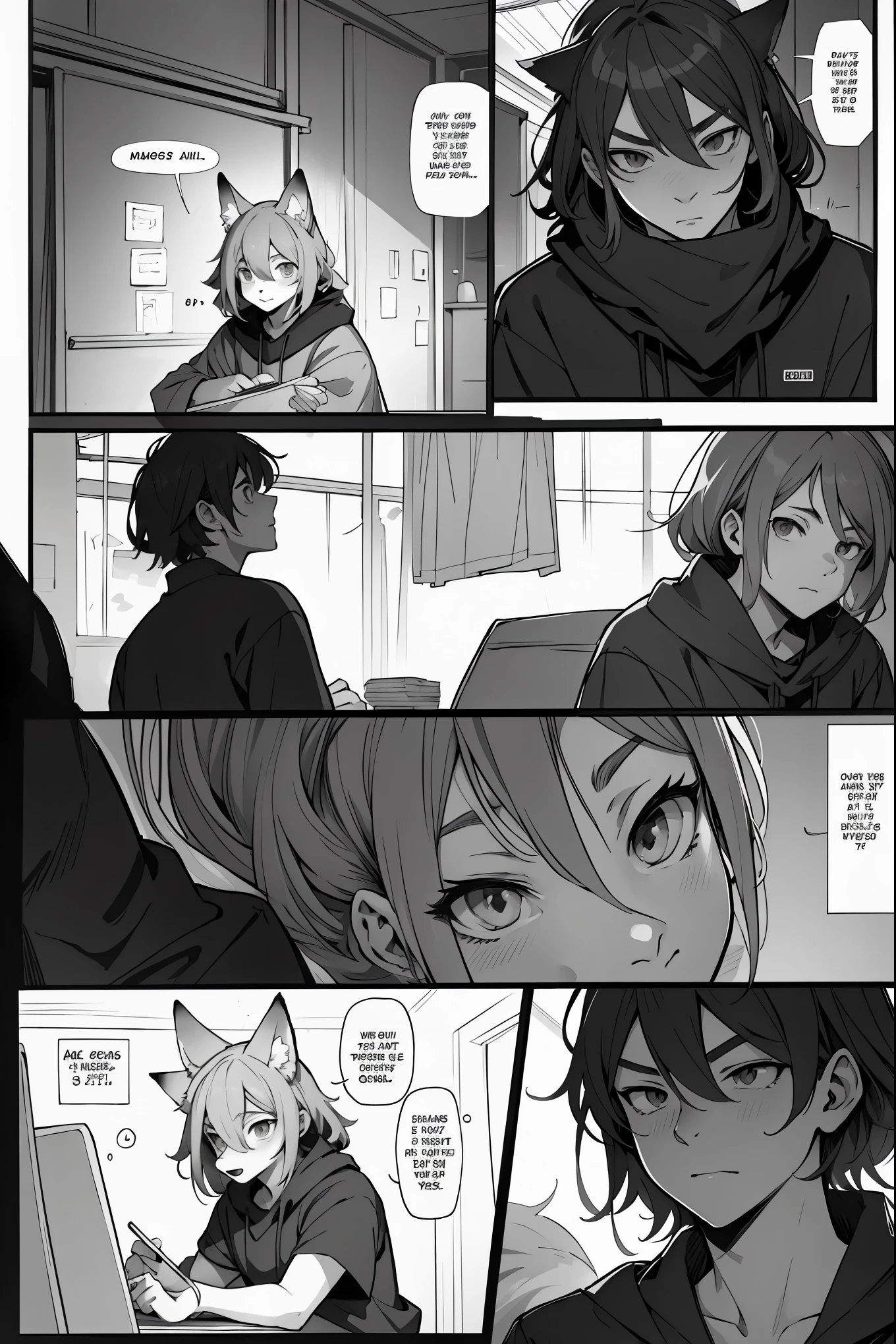 top quality, best quality, highres, unparalleled masterpiece, perfect artwork, paid reward available, indoor, couple of comics(super cute 1girl, 1wolf, kemono, furry anthro)tumblr, sosaku hanga, black and white manga page, manga page, doujin, ddlc, anime, comedy comic, black and white manga panel, zerochan,