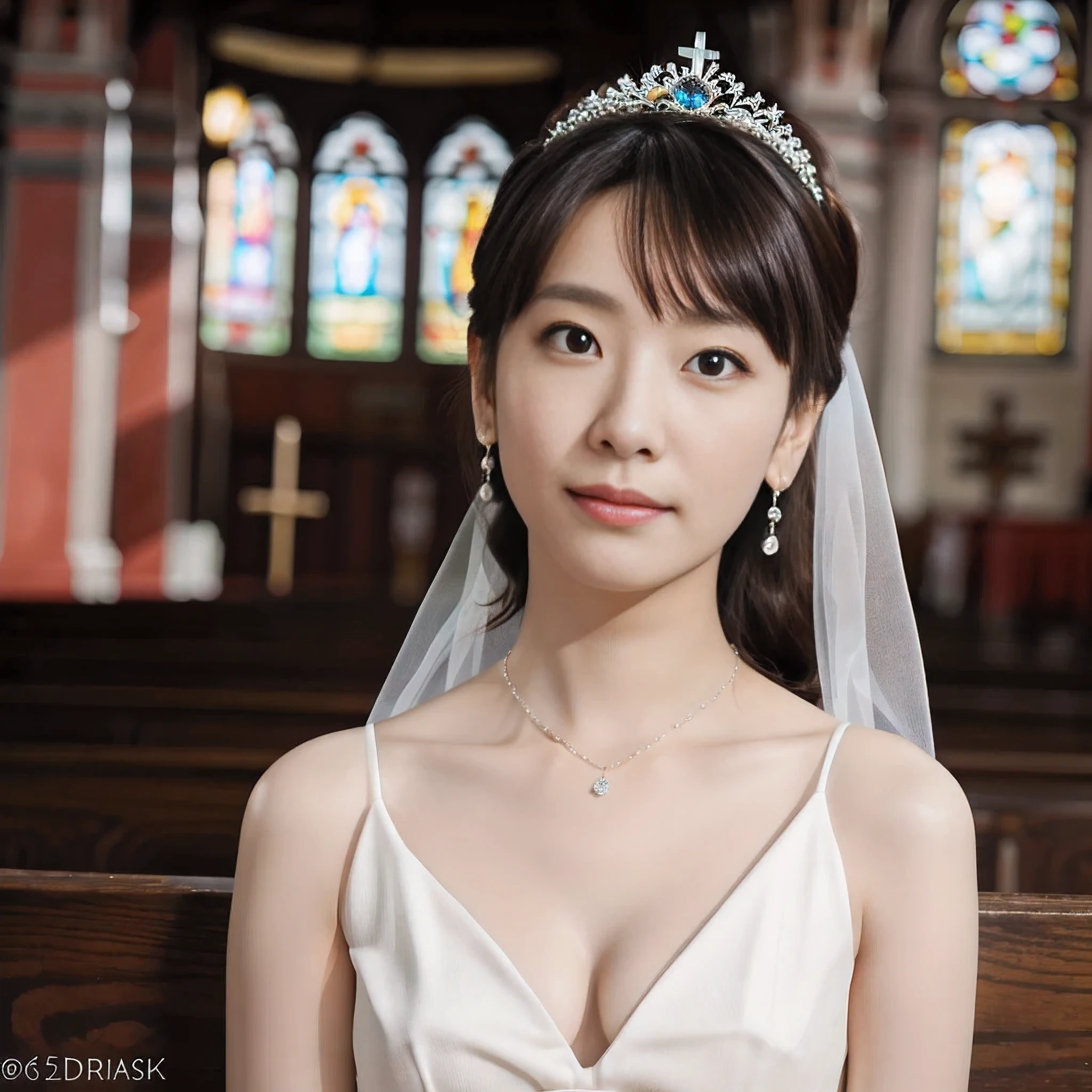 (realistic、Like a photograph、live action、8k, Photoreal, RAW photo, best image quality: 1.4), Single-lens reflex camera、RAW photo, highest quality, realistic, Highly detailed CG Unity 8k wallpaper, Depth of written boundary, cinematic light, Lens flare, ray tracing, realistic background、(Wedding dress:1.5、cleavage:1.37、big breasts、lift:1.2)、((super high density shot)、 1 female,cute japanese woman、((full body shot:1.5)、looking at the viewer:1.1、embarrassed look、random hairstyle:1.2、i like the style、Snazzy、Super detailed、pay attention to details、long hair、hair arrangement、hair is up、perfect bridal dress、(white skin)、beautiful feet:1.1、Standing in front of the church、great atmosphere、View from the front、beautiful background、Detailed background depiction、detailed portrait、beautiful earrings、Lovely necklace、tiara