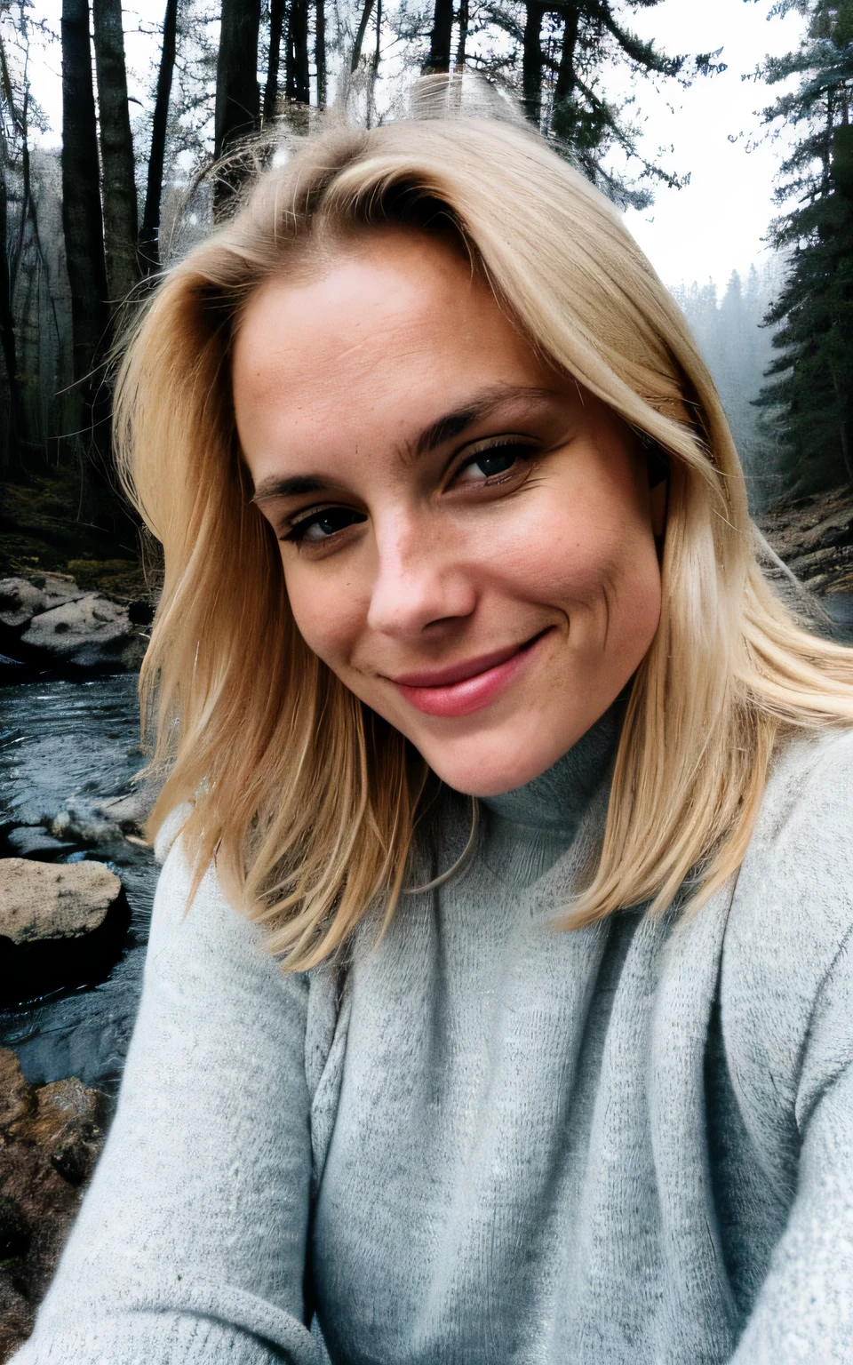 photographier, photo d'une belle femme,jeune, blond, Swedish, Selfie, haut du corps, seulement, porter un pull, stars, lune, joyeux, heureux, gants, pull-over, forest, rochers, River, bois, smoke, brouillard, regarder le spectateur, Texture de la peau, grain photo, Fermer, Photo brute