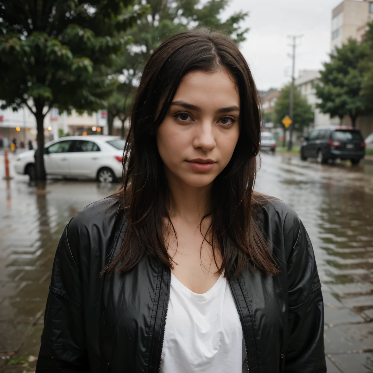 A portrait of a Burnette woman standing in the rain