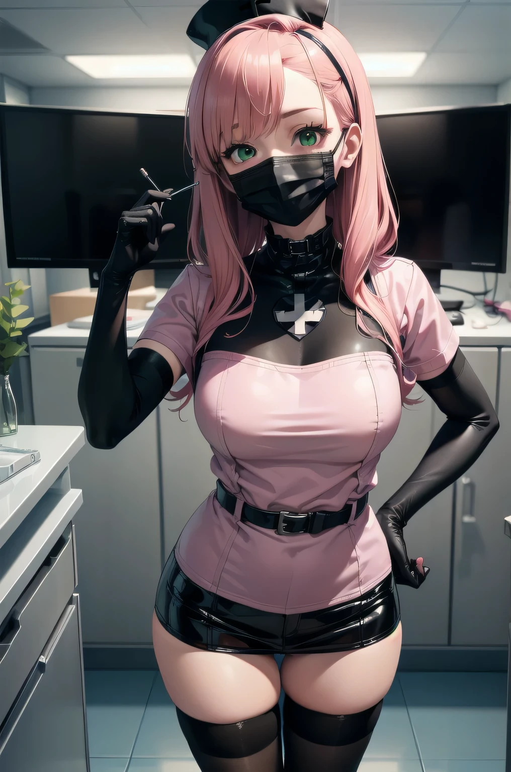 black nurse, 1 girl, alone, black nurse cap, Blackware, ((black legwear, zettai ryouiki)), black elbow gloves, pink hair, green eyes, droopy eyes, ((black surgical mask, covered nose)), Are standing, ((operating room)), sharp outline, short sleeve, highest quality, masterpiece