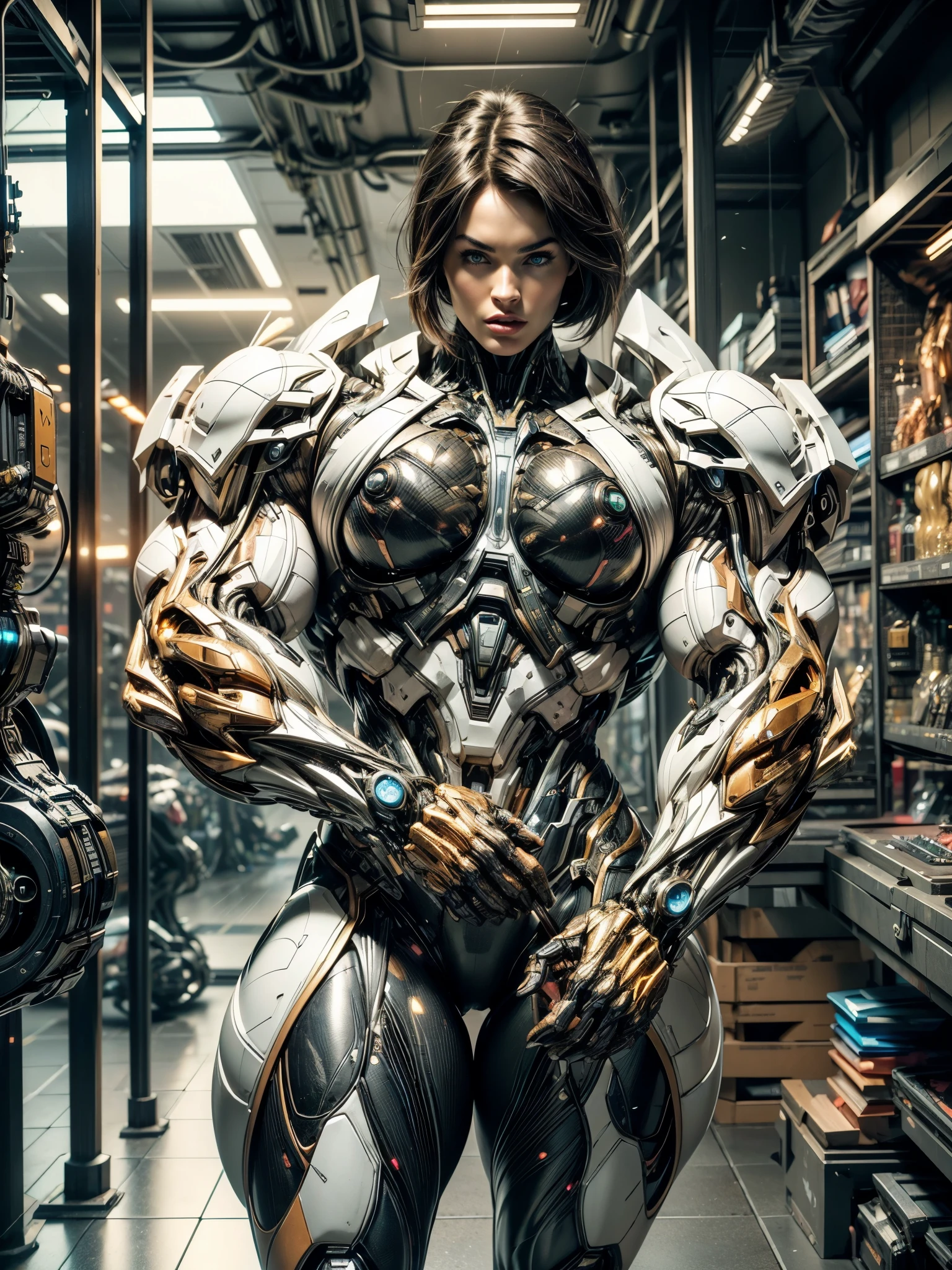 Cinematic, hyper-detailed, and insanely detailed, this artwork captures the essence of megan fox with breathtaking beauty. The color grading is beautifully done, enhancing the overall cinematic feel. Unreal Engine brings her anatomic cybernetic muscle suit to life, appearing even more mesmerizing. With the use of depth of field (DOF), every detail is focused and accentuated, drawing attention to her eyes and the intricate design of the anatomic cybernetic muscle suit . The image resolution is at its peak, utilizing super-resolution technology to ensure every pixel is perfect. Cinematic lighting enhances her aura, while anti-aliasing techniques like FXAA and TXAA keep the edges smooth and clean. Adding realism to the anatomic cybernetic muscle suit, RTX technology enables ray tracing. Additionally, SSAO (Screen Space Ambient Occlusion) gives depth and realism to the scene, the girl's anatomic cybernetic muscle suit become even more convincing. In the post-processing and post-production stages, tone mapping enhances the colors, creating a captivating visual experience. The integration of CGI (Computer-Generated Imagery) and VFX (Visual Effect brings out the anatomic cybernetic muscle suit's intricate features in a seamless manner. SFX (Sound Effects) complement the visual artistry, immersing the viewer further into this fantastic world. The level of detail is awe-inspiring, with intricate elements meticulously crafted, the artwork hyper maximalist and hyper-realistic. Volumetric effects add depth and dimension, and the photorealism is unparalleled. The image is rendered in 8K resolution, ensuring super-detailed visuals. The volumetric lightning adds a touch of magic, highlighting her beauty and the aura of her anatomic cybernetic muscle suit in an otherworldly way. High Dynamic Range (HDR) technology makes the colors pop, adding richness to the overall composition. Ultimately, this artwork presents an unreal portrayal of a super muscled cybernetic female android