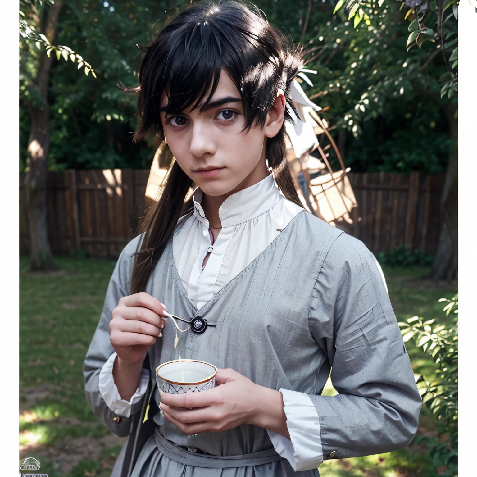Anime boy who looks like his in his teens and a noble wearing Victorian clothings with a pure white and long hair and a grey pupils with a fancy rapier on his waist and a cup of tea on his hands