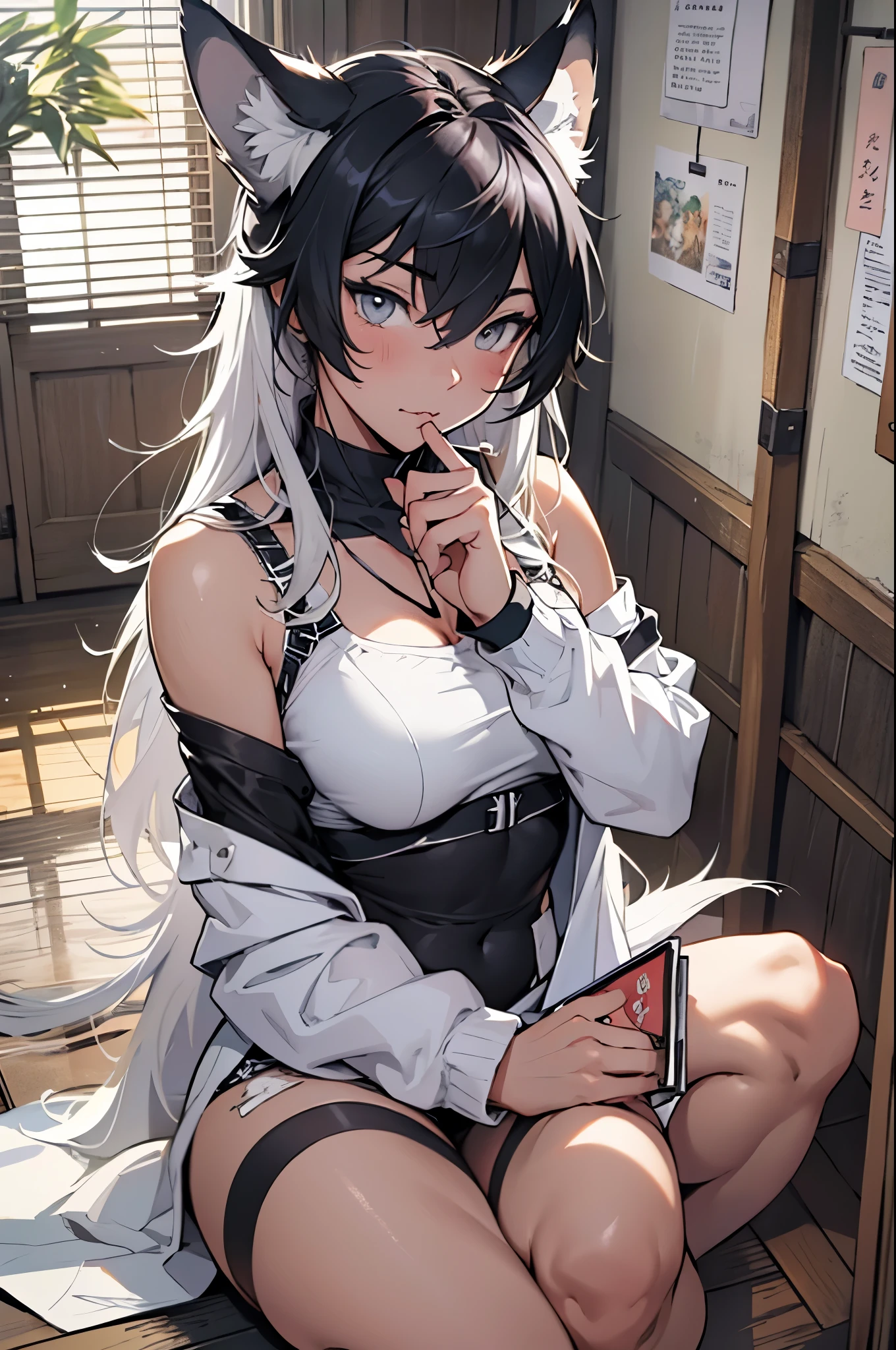 top quality, best quality, highres, unparalleled masterpiece, perfect artwork, paid reward available, indoor, couple of comics(super cute 1girl, 1wolf, kemono, furry anthro)tumblr, sosaku hanga, black and white manga page, manga page, doujin, ddlc, anime, comedy comic, black and white manga panel, zerochan,