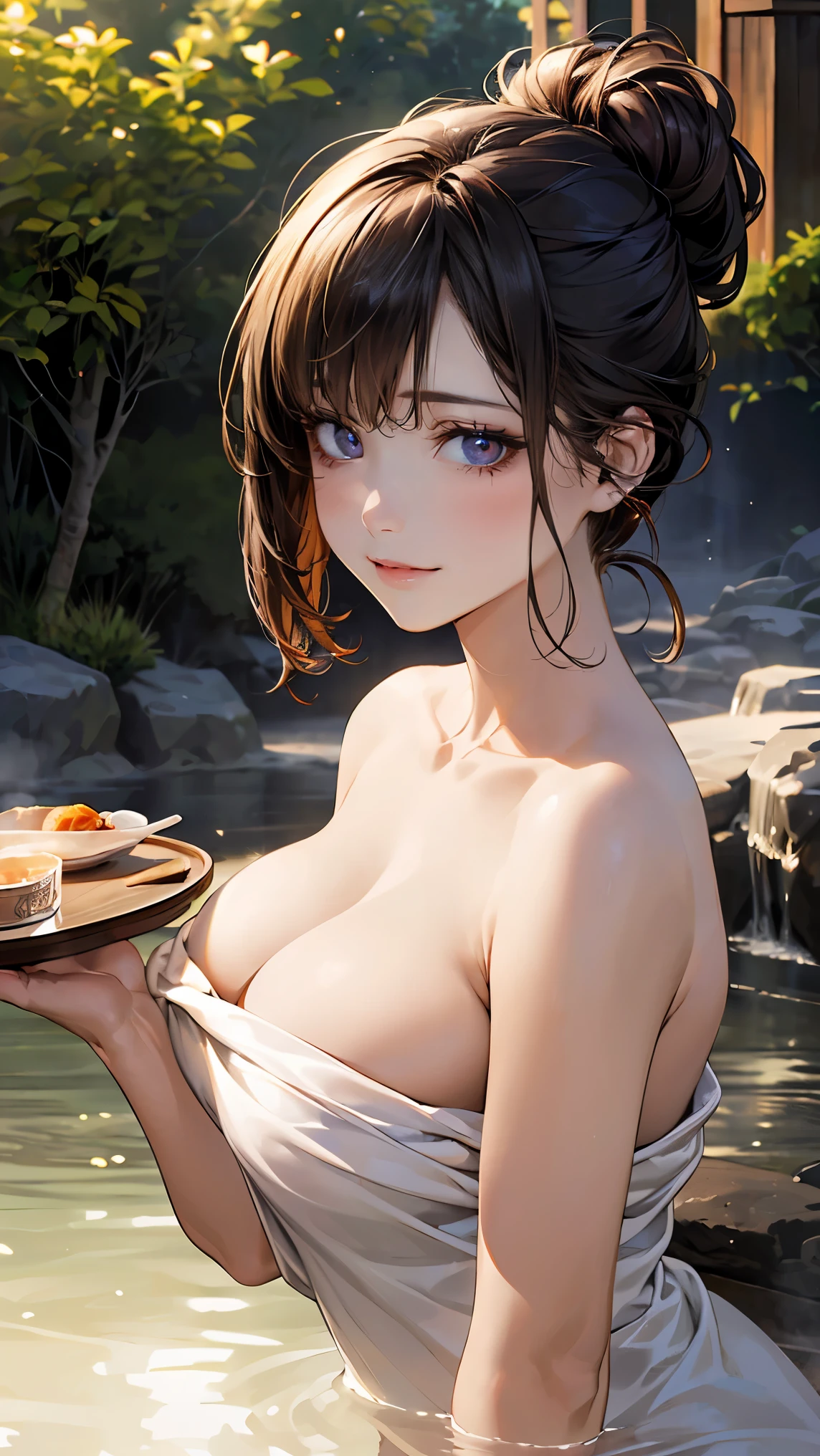 (masterpiece:1.2, highest quality), (realistic, photorealistic:1.4), beautiful illustrations, (natural side lighting, movie lighting),
looking at the viewer, Upper body, (Front view), 1 girl, perfect face, Cute symmetrical face, shiny skin, , long eyelash, (large breasts), (wide hips),Twist updo hair,
beautiful hair, beautiful face, detailed and beautiful eyes, beautiful body, beautiful breasts, beautiful thighs, beautiful feet, beautiful fingers,
(beautiful scenery),(cute smile:1.2, upper eye),24yo, ONSEN, open-air bath, (tray with alcohol on it:1.2), body wrapped in a towel, soaking in a bathtub, up-do hair, face on fire,