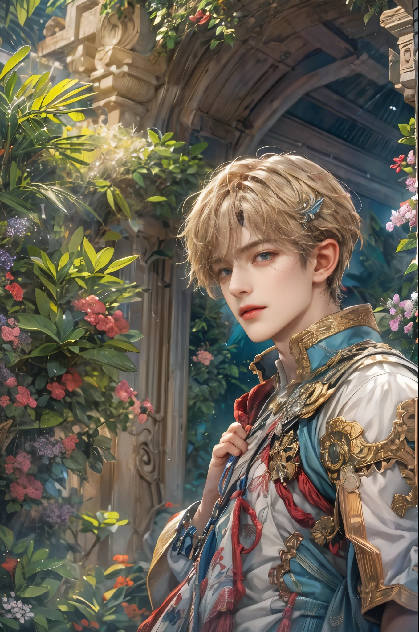 (absurdres, highres, ultra detailed, HDR), masterpiece, Intricate details,best quality picture of a character from Star Ocean, handsome teen boy with short Hair anime eyes, intricate details on face, in a detailed outside garden sanctuary scenery, detailed character, art kenouji