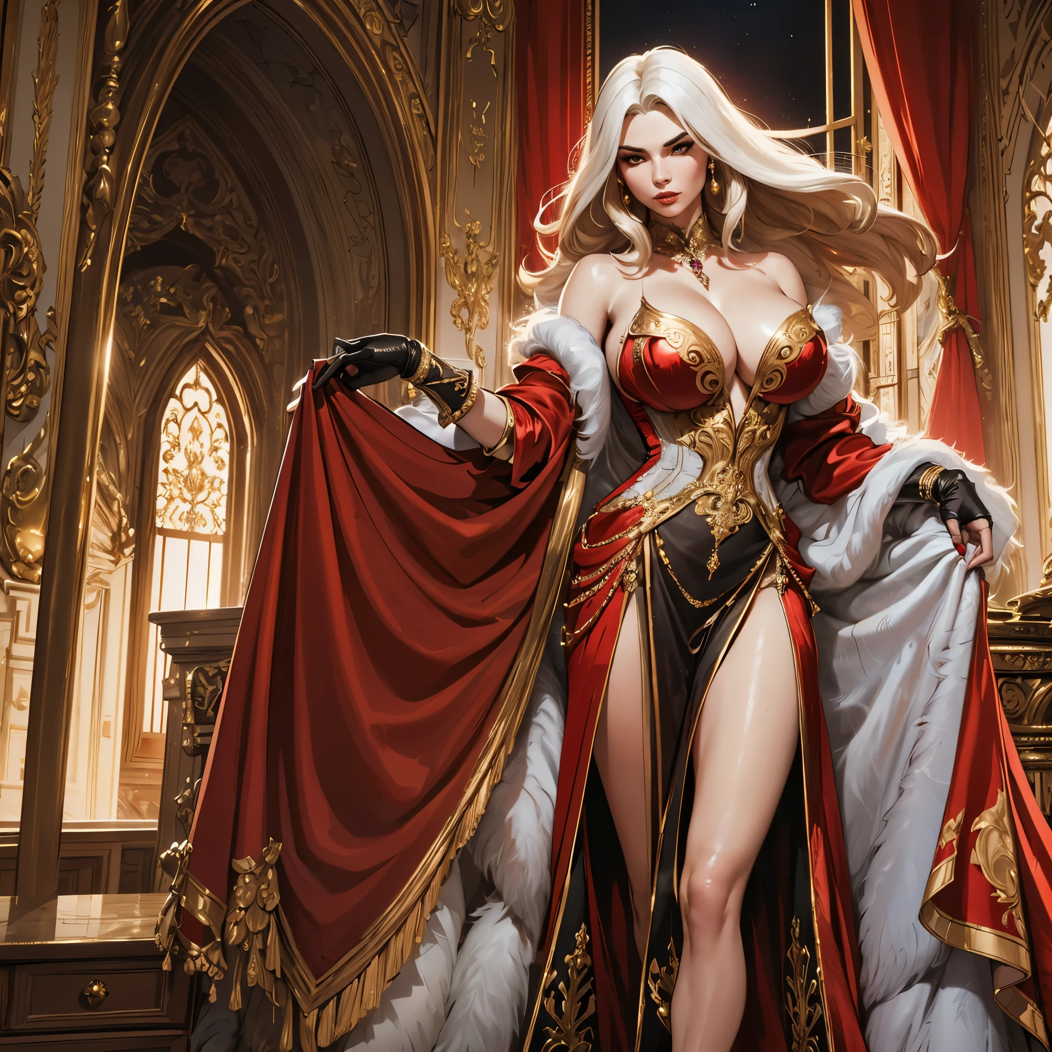 Extremely powerful strong and well endowed twenty years ((blonde)) single woman, very sophisticated noble queen empress dress costume, (fantasy extravagant opulent multi-layered white fur and red silk dress:1.8), royal opulent parade gown, full of luxury, full of confidence, giant breasts, medieval fantasy setting, masterpiece, luxury atmosphere, dynamic lighting, intense contrast, inside a beautiful manor, many jewels, many layers, extremely intricate and pretentious , (pretentious:1.3), night time, pretentious pose, action shot, generous plunging neckline, depth of field