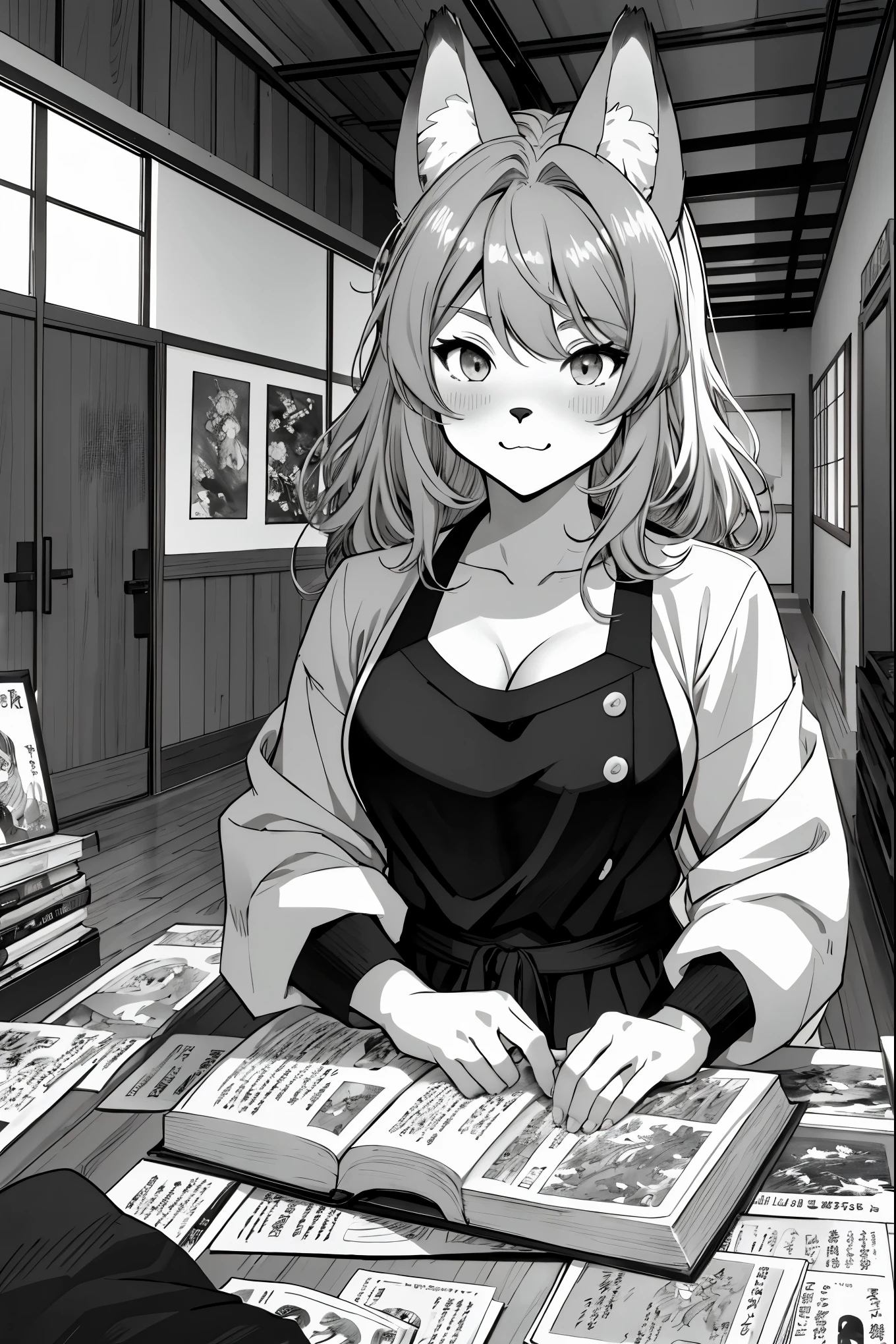 top quality, best quality, highres, unparalleled masterpiece, perfect artwork, paid reward available, indoor, couple of comics(super cute 1girl, 1wolf, kemono, furry anthro)tumblr, sosaku hanga, black and white manga page, manga page, doujin, ddlc, anime, comedy comic, black and white manga panel, zerochan,
