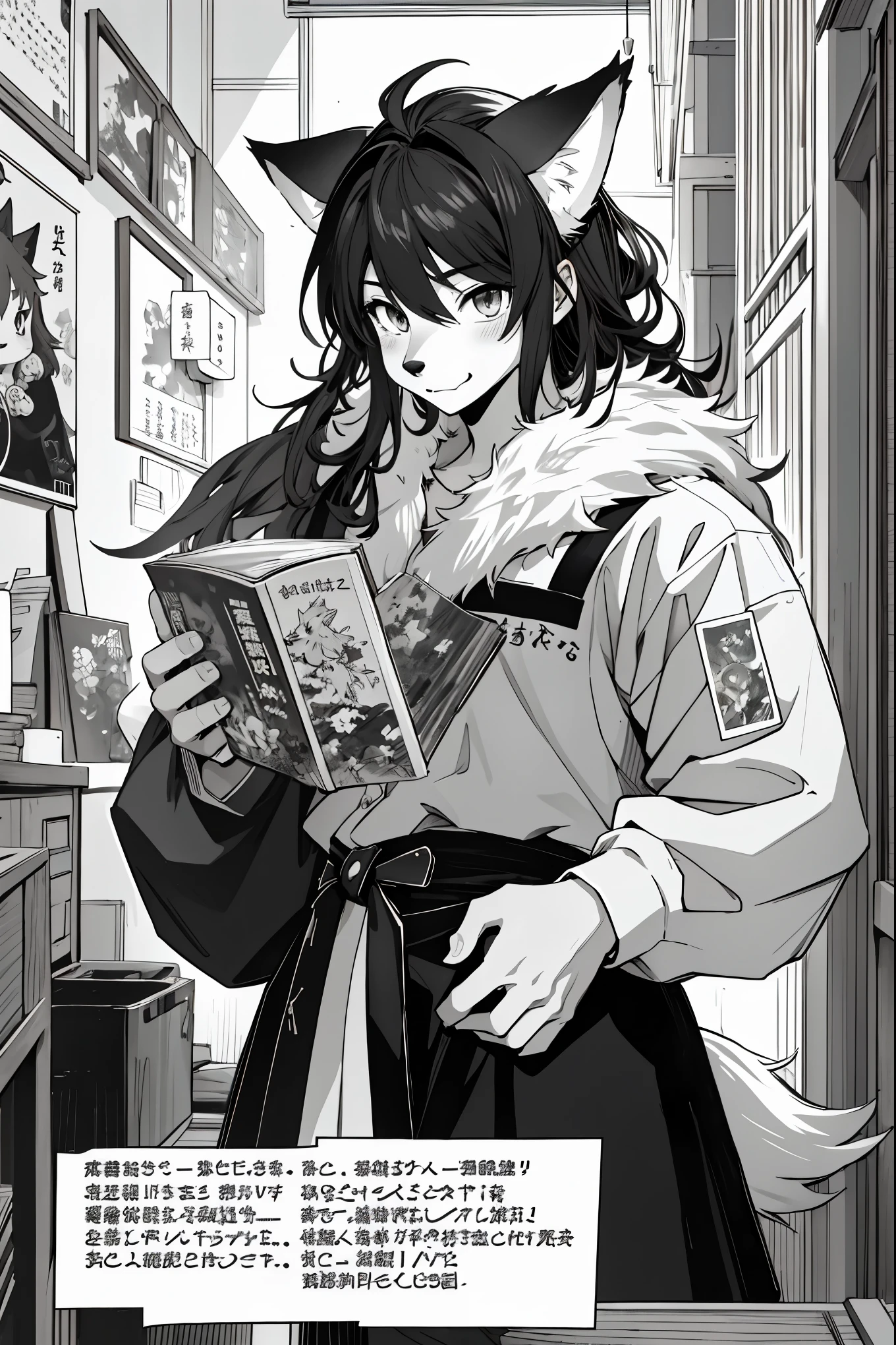top quality, best quality, highres, unparalleled masterpiece, perfect artwork, paid reward available, indoor, couple of comics(super cute 1girl, 1wolf, kemono, furry anthro)tumblr, sosaku hanga, black and white manga page, manga page, doujin, ddlc, anime, comedy comic, black and white manga panel, zerochan,