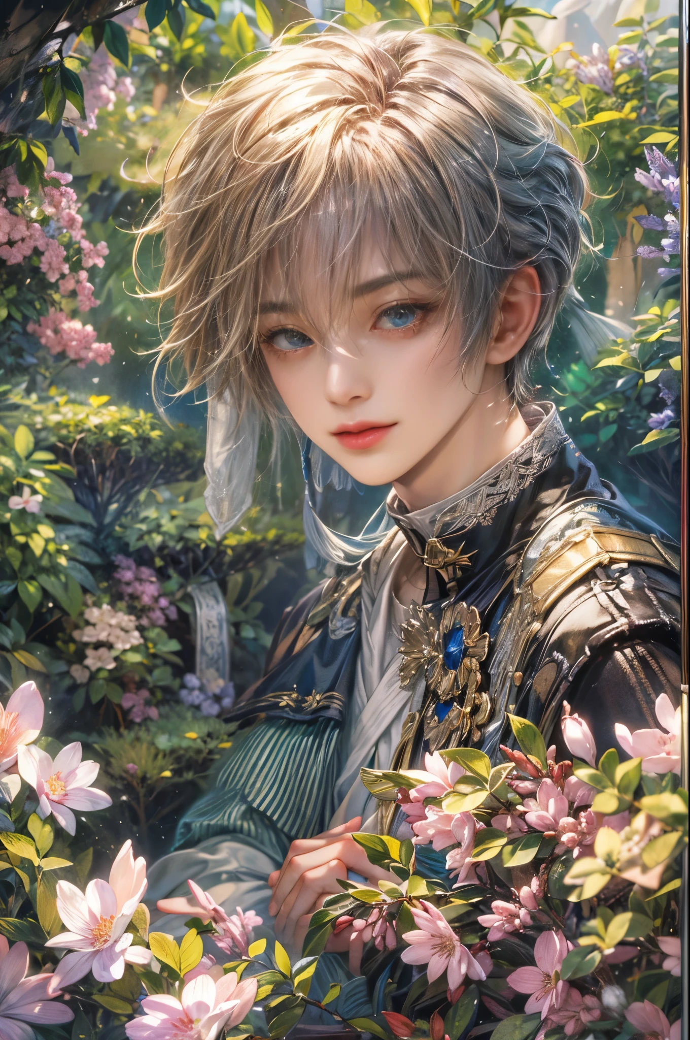 (absurdres, highres, ultra detailed, HDR), masterpiece, Intricate details,best quality picture of a character from Star Ocean, handsome boy with short Hair anime eyes, intricate details on face, in a detailed outside garden sanctuary scenery, detailed character, art kenouji