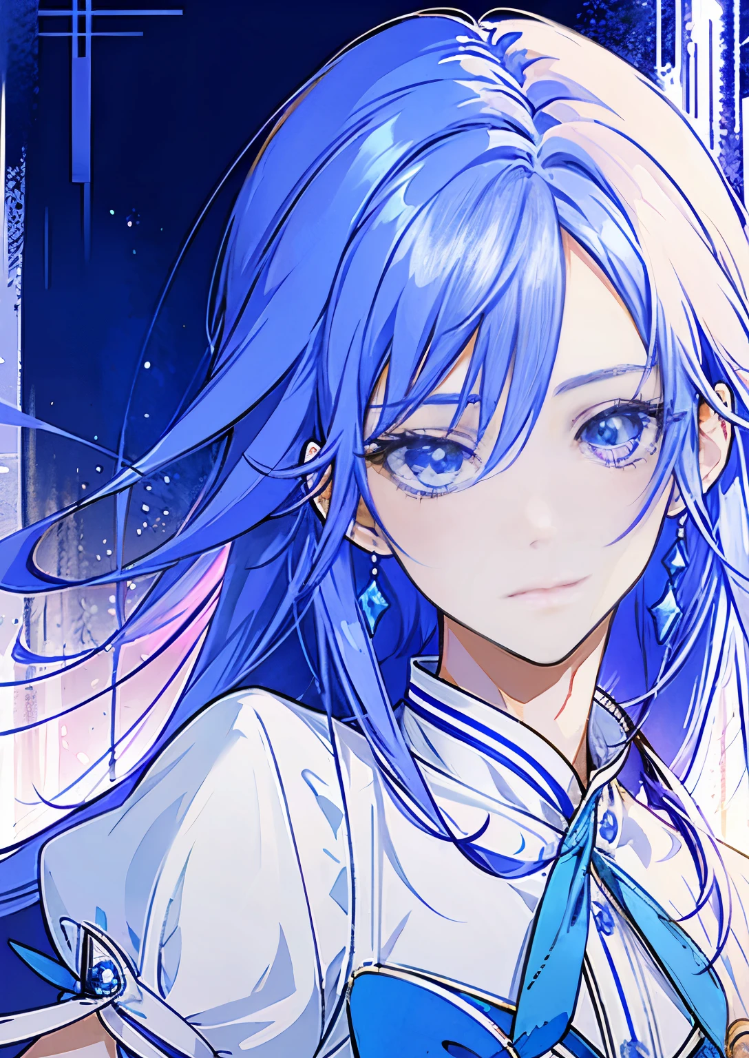 Close-up of anime boy in white and blue dress, heavenly aura, official art, boy with very long purple hair,  Cure,  he has light blue hair, blue eyed boy, official character art, magical boy, Official illustration,  magical boyのスタイル, sapphire prince, wall paper!, With shining blue eyes, !!full body portrait!!, High resolution, きらめくmagical boy, magical boyの肖像, solo, male focus,