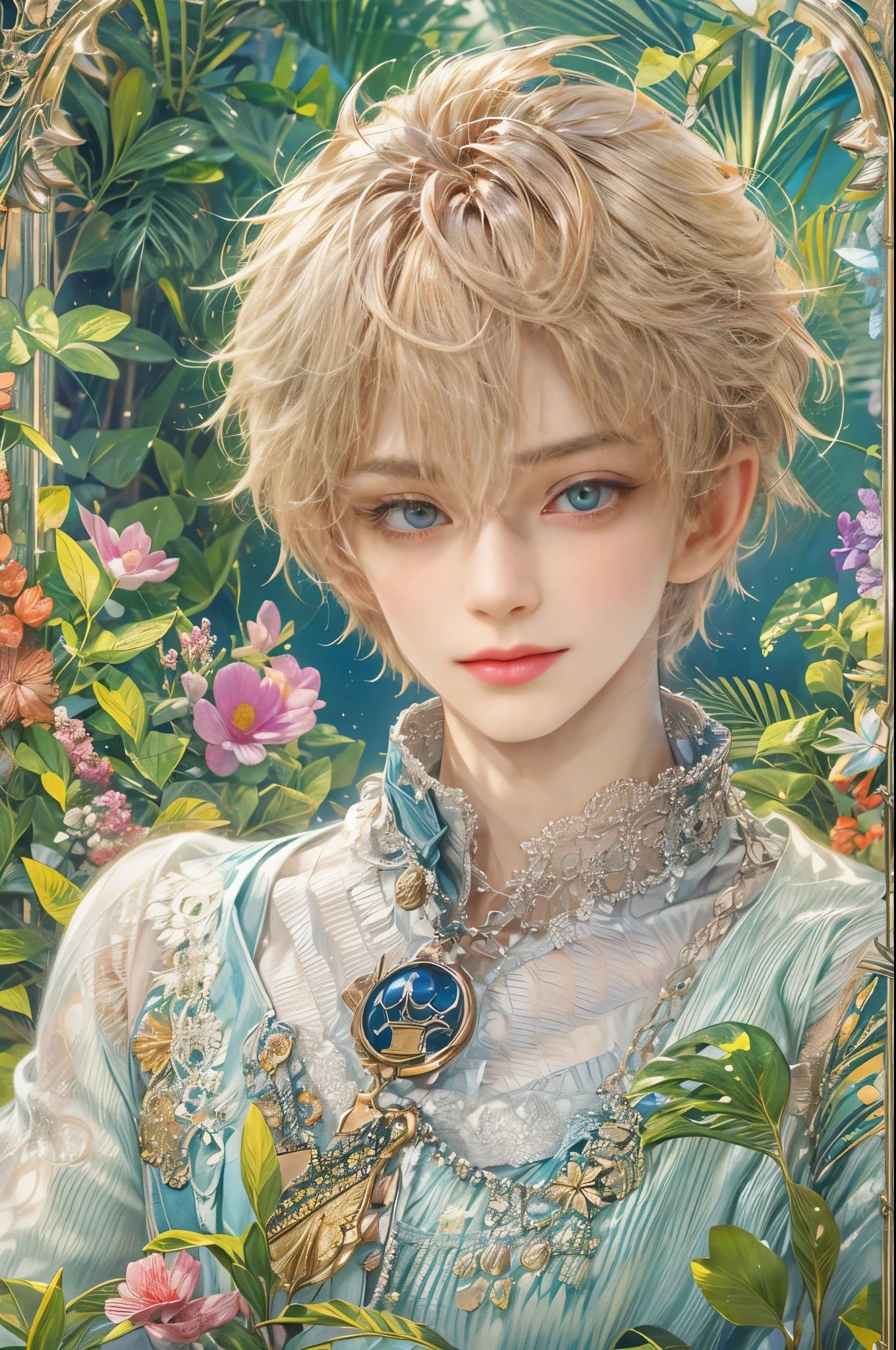 (absurdres, highres, ultra detailed, HDR), masterpiece, Intricate details,best quality picture of a character from Tales of the rays, handsome boy with short Hair anime eyes, intricate details on face, in a detailed outside garden sanctuary scenery, detailed character, art kenouji
